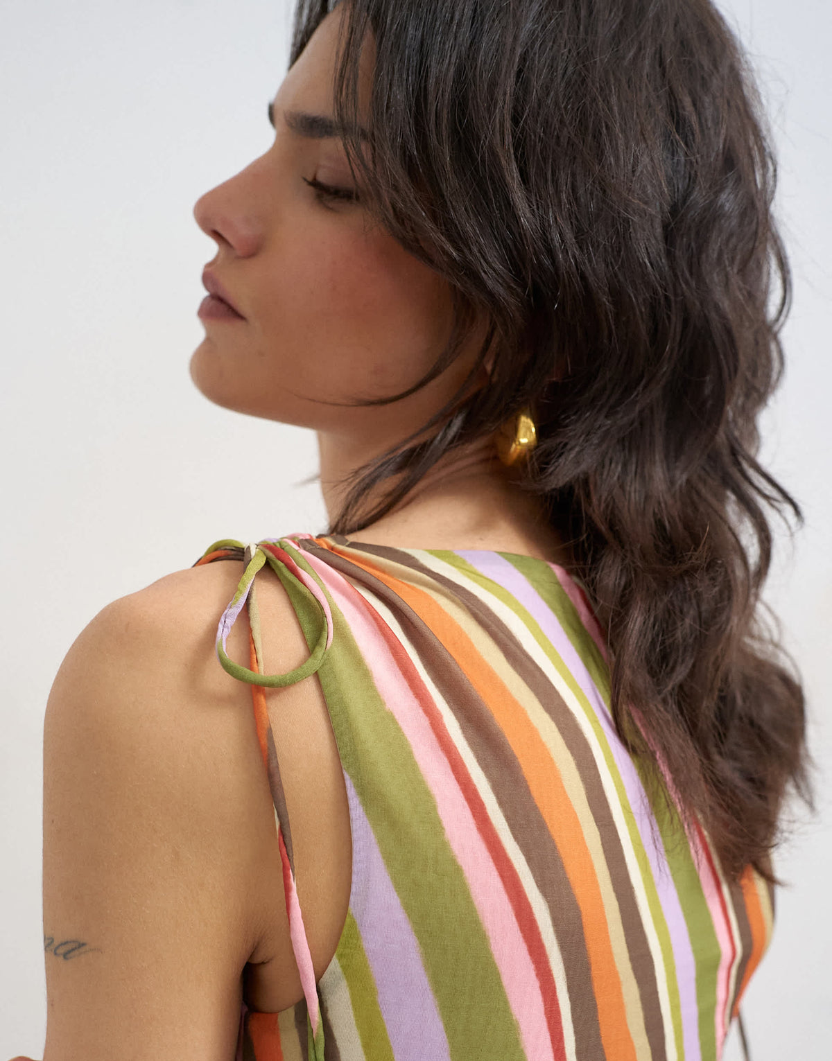Topshop mesh stripe ruched shoulder asymmetric top in orange