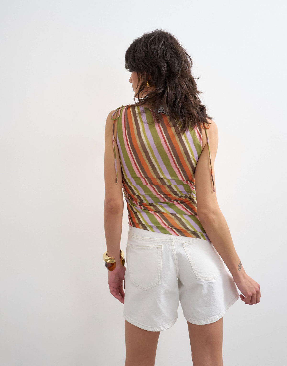 Topshop mesh stripe ruched shoulder asymmetric top in orange