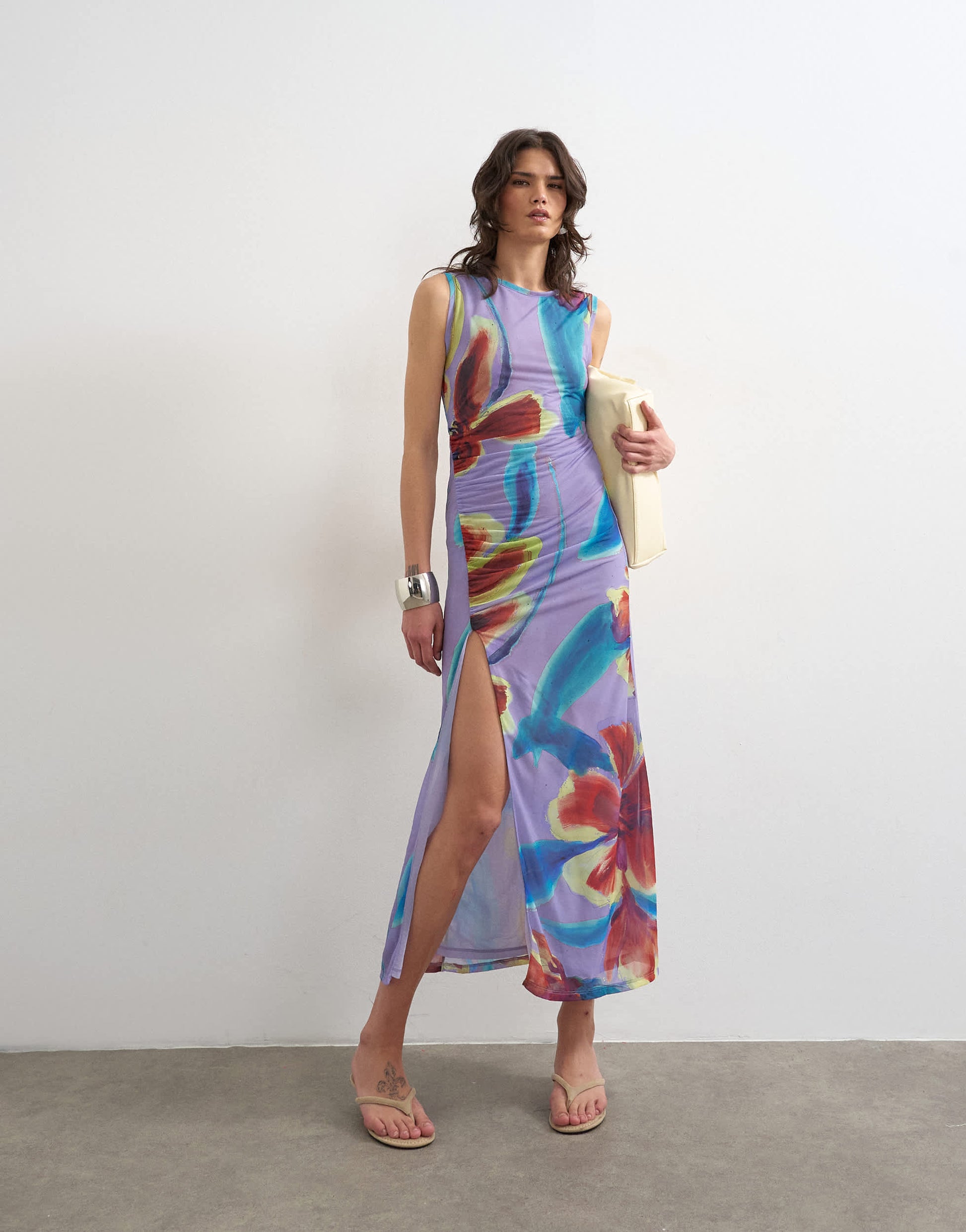 Topshop mesh floral print ruched maxi dress in purple