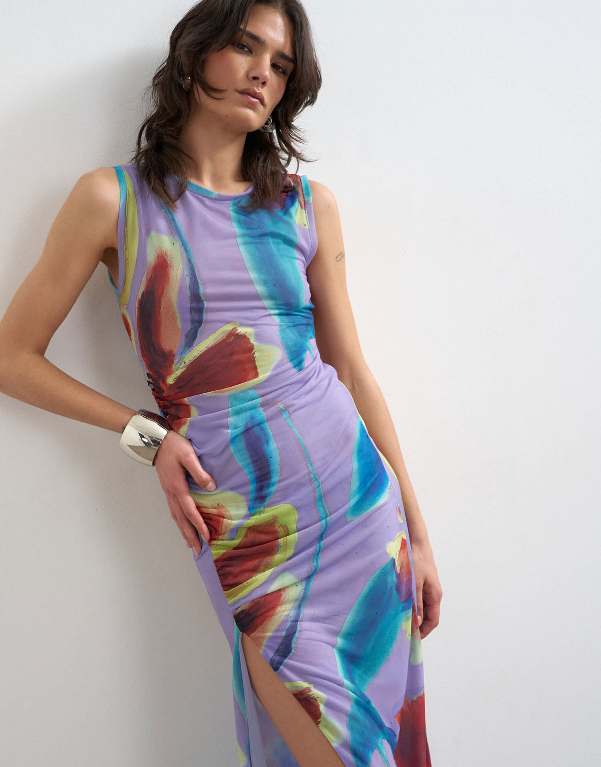 Topshop mesh floral print ruched maxi dress in purple