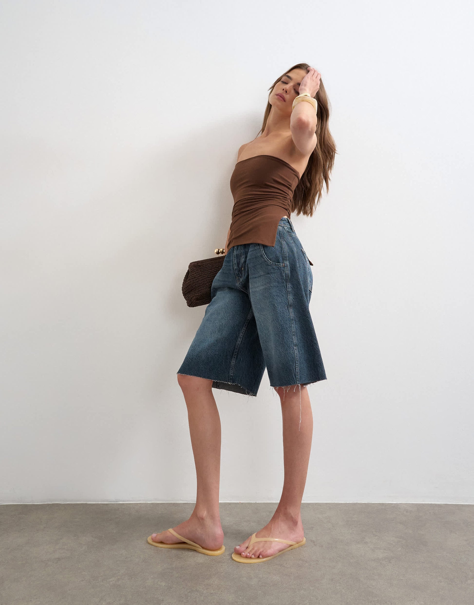 Topshop split side ruched asymmetric bandeau in chocolate