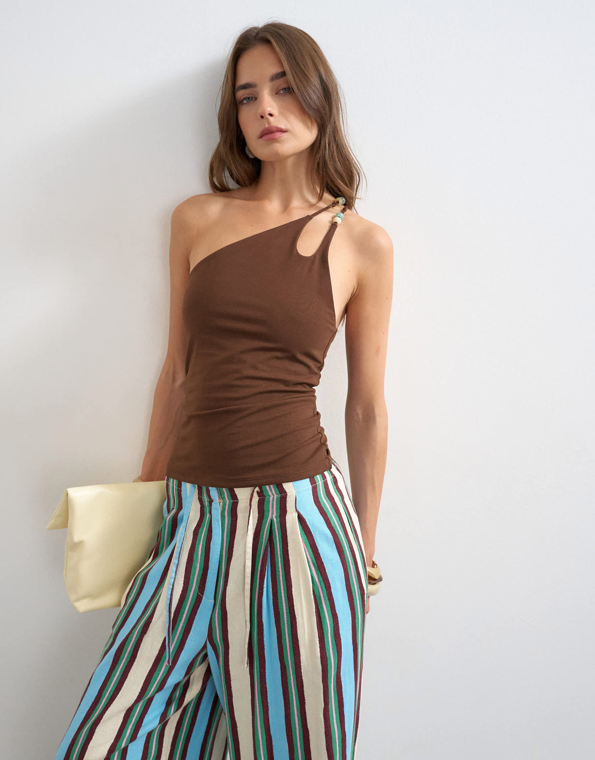 Topshop one shoulder beaded strap top in chocolate