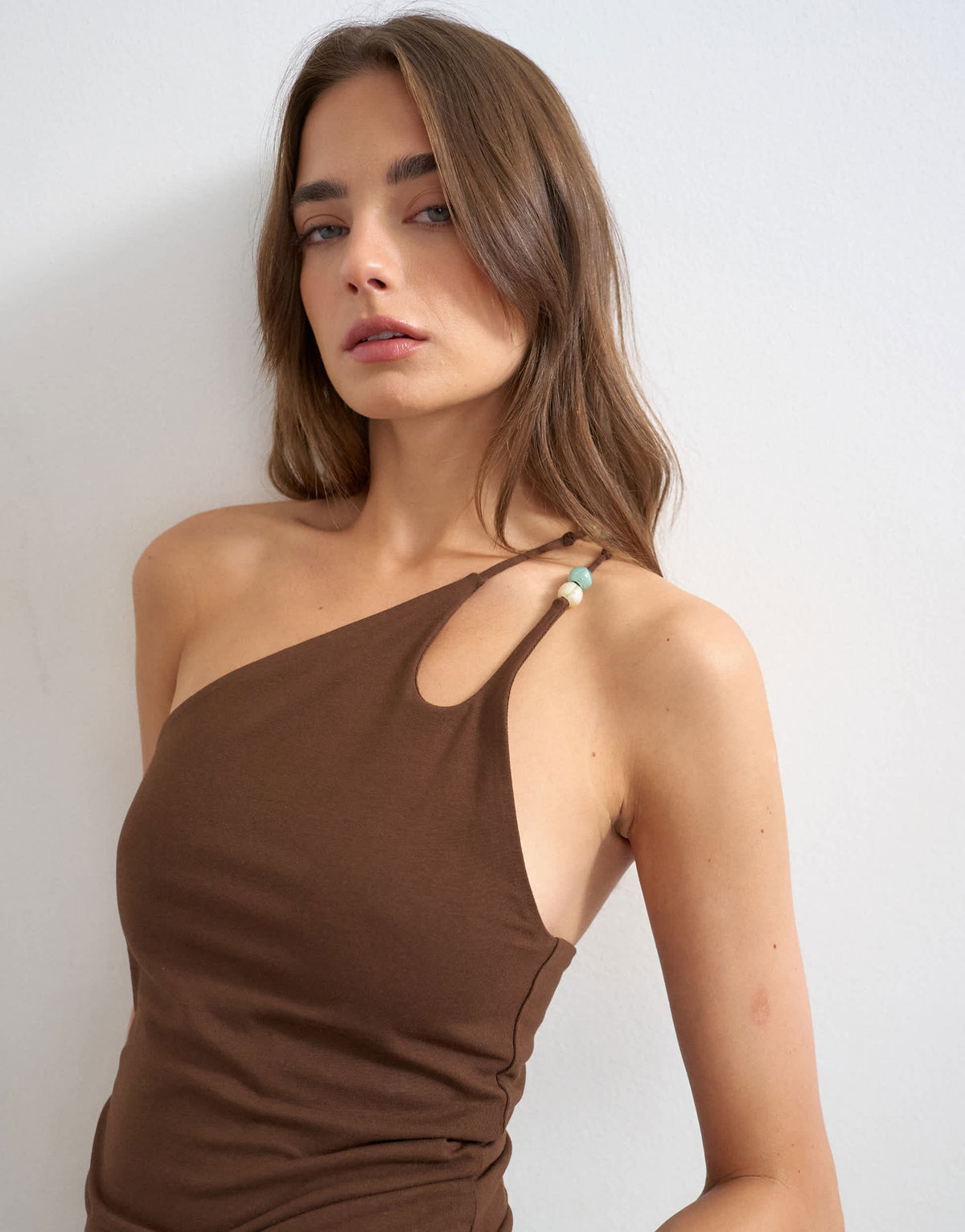 Topshop one shoulder beaded strap top in chocolate