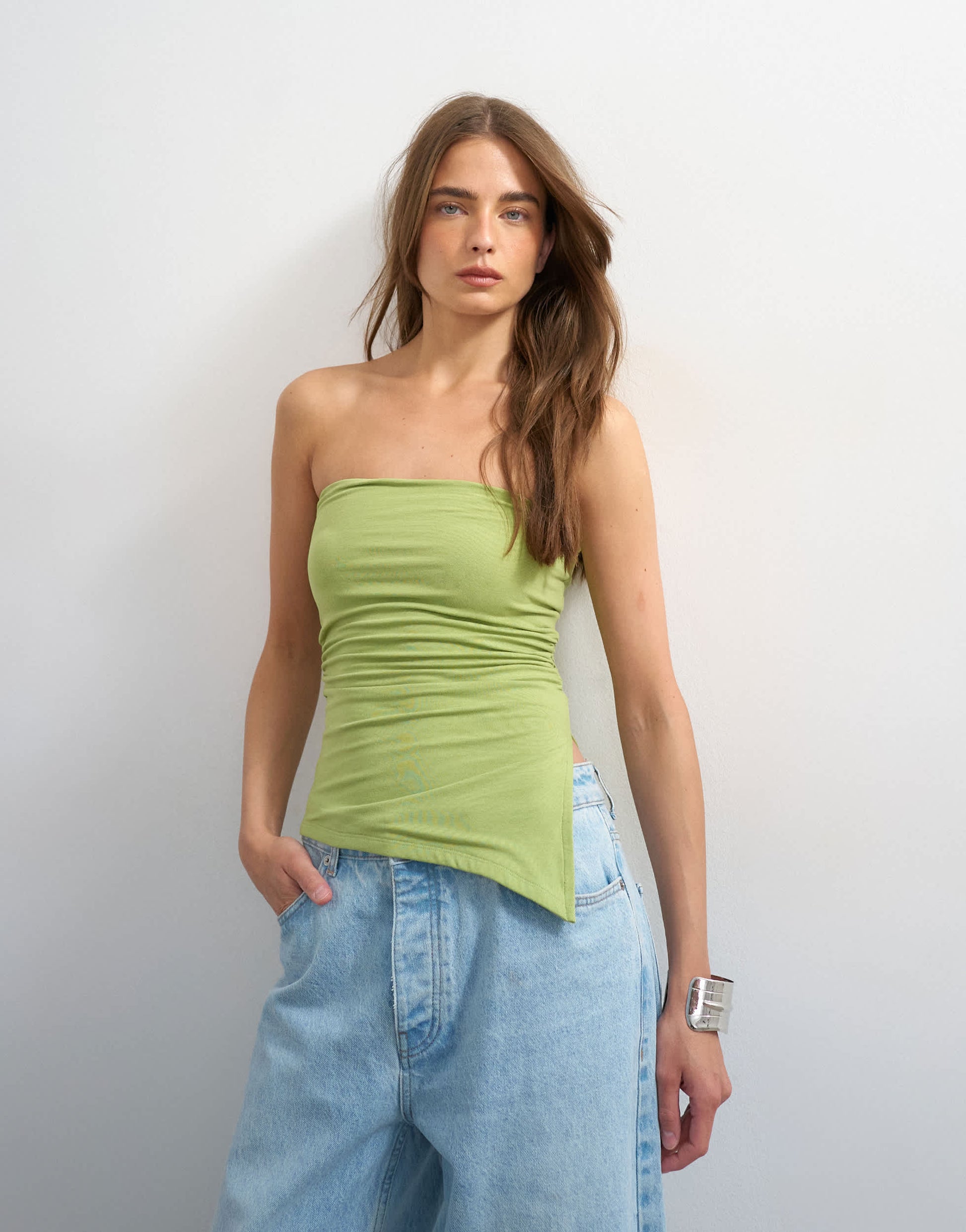 Topshop split side ruched asymmetric bandeau in green