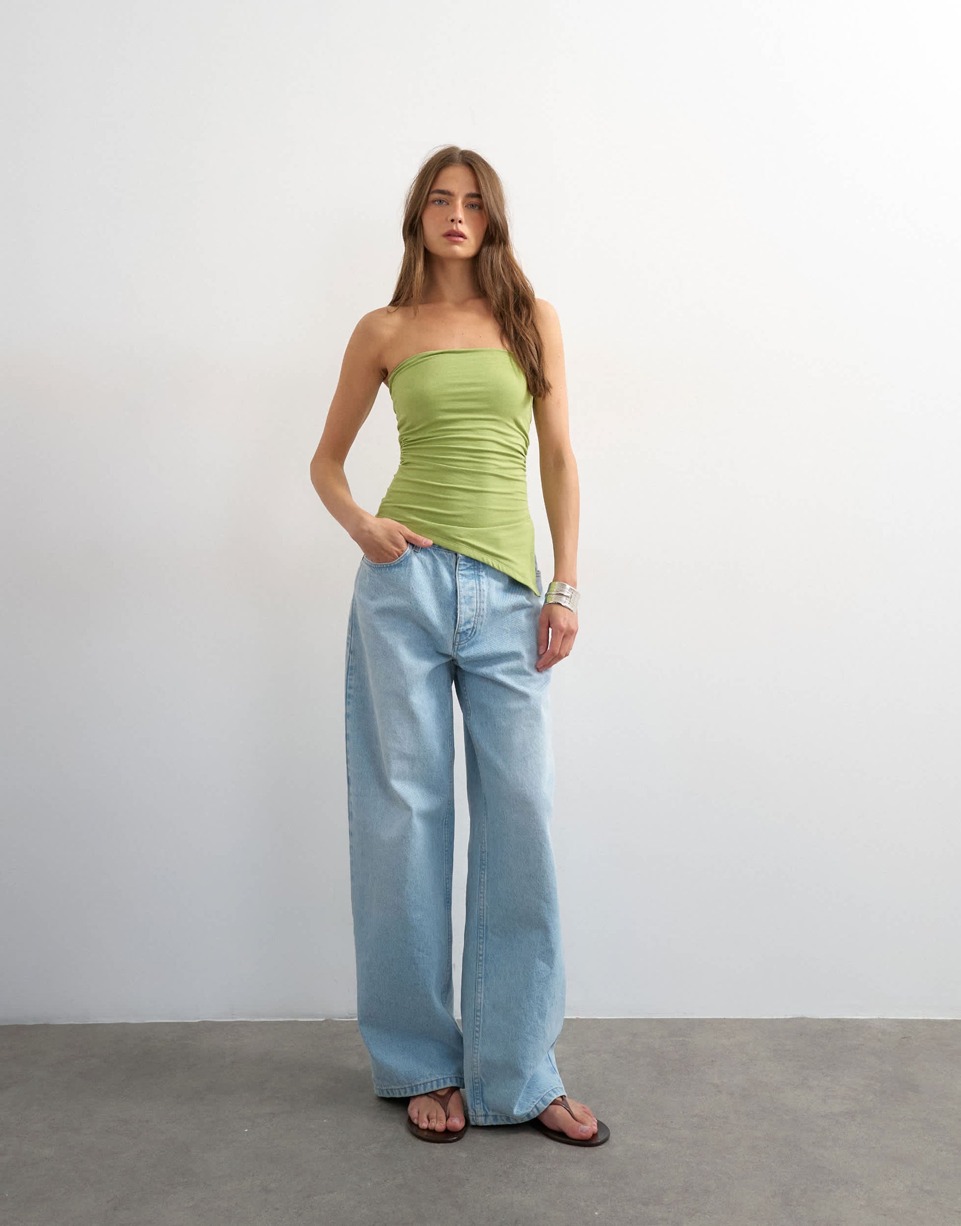 Topshop split side ruched asymmetric bandeau in green