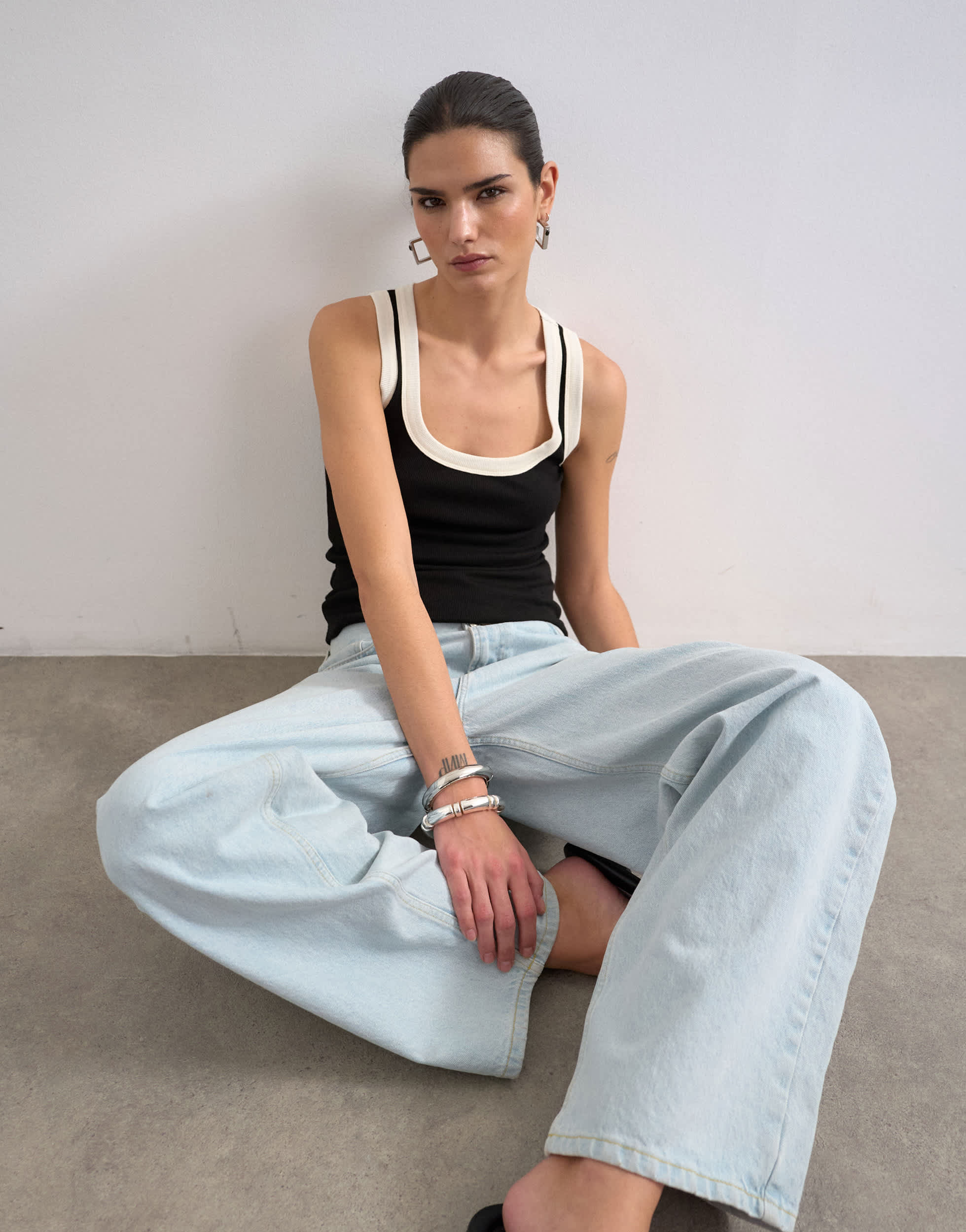 Topshop rib scoop neck vest in black and ecru