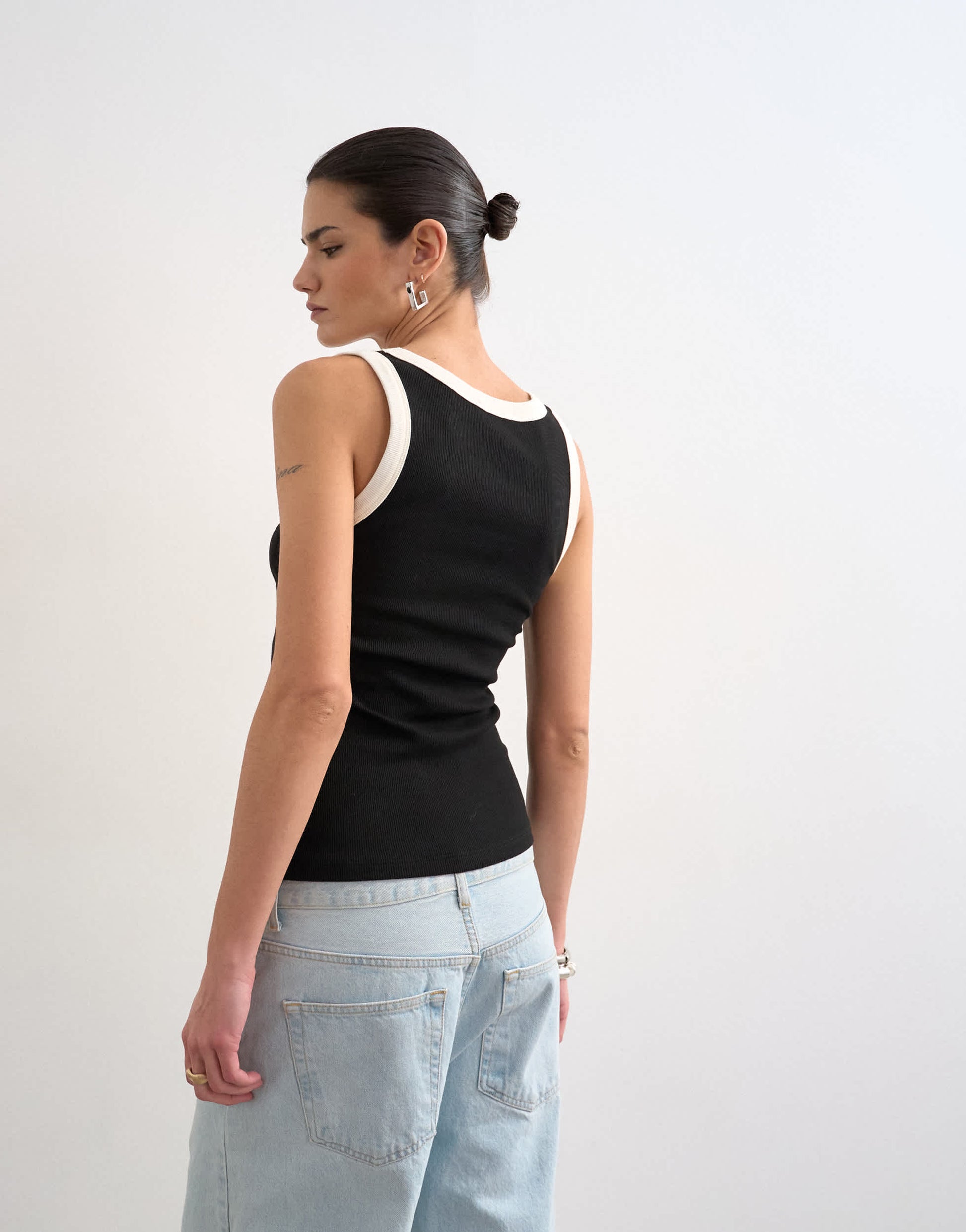 Topshop rib scoop neck vest in black and ecru