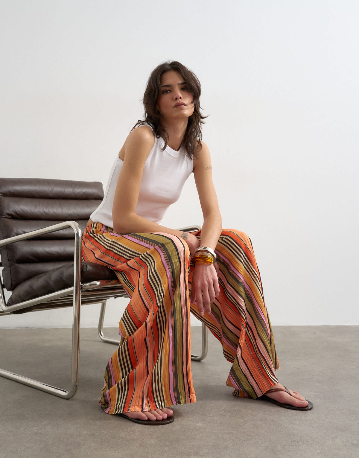 Topshop stripe plisse tie waist wide leg trousers in orange