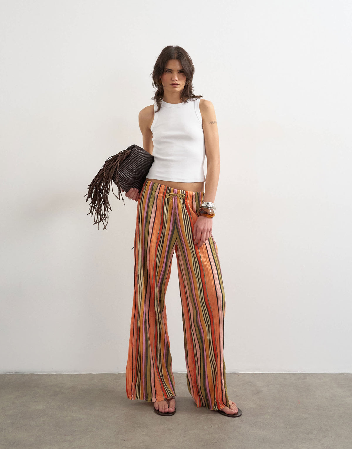 Topshop stripe plisse tie waist wide leg trousers in orange