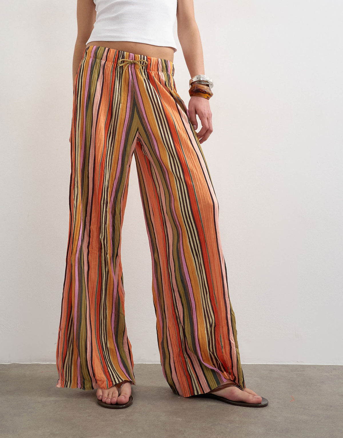 Topshop stripe plisse tie waist wide leg trousers in orange