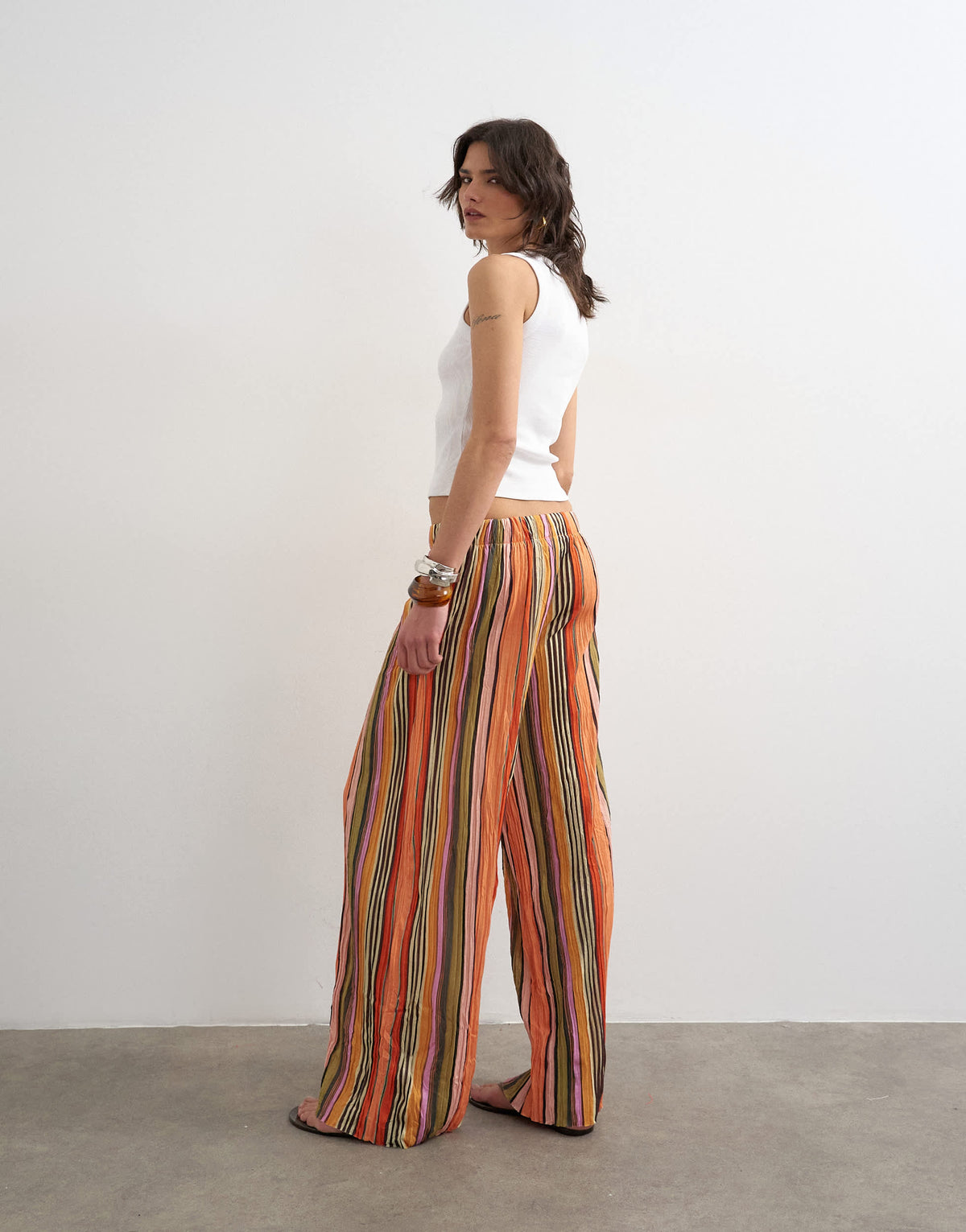Topshop stripe plisse tie waist wide leg trousers in orange