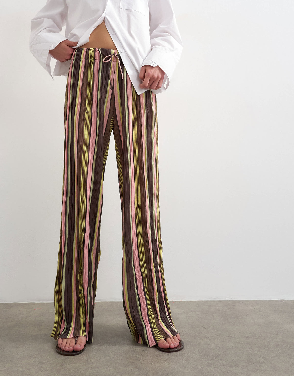 Topshop stripe crinkle tie waist wide leg trouser in pink