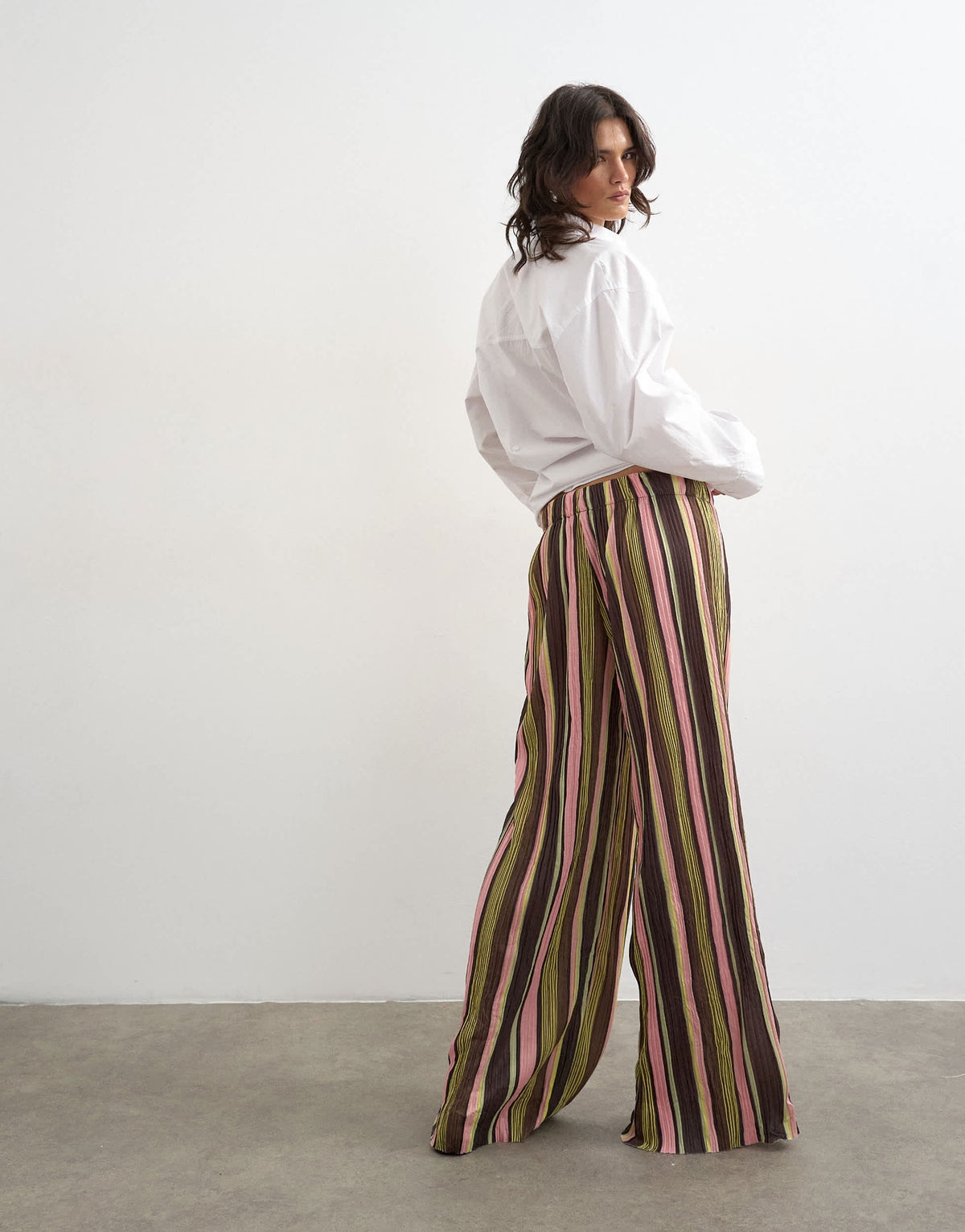 Topshop stripe crinkle tie waist wide leg trouser in pink