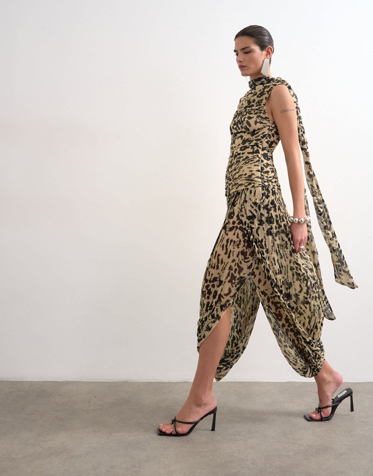 Topshop chiffon scarf neck bubble hem maxi dress in buttermilk abstract animal print