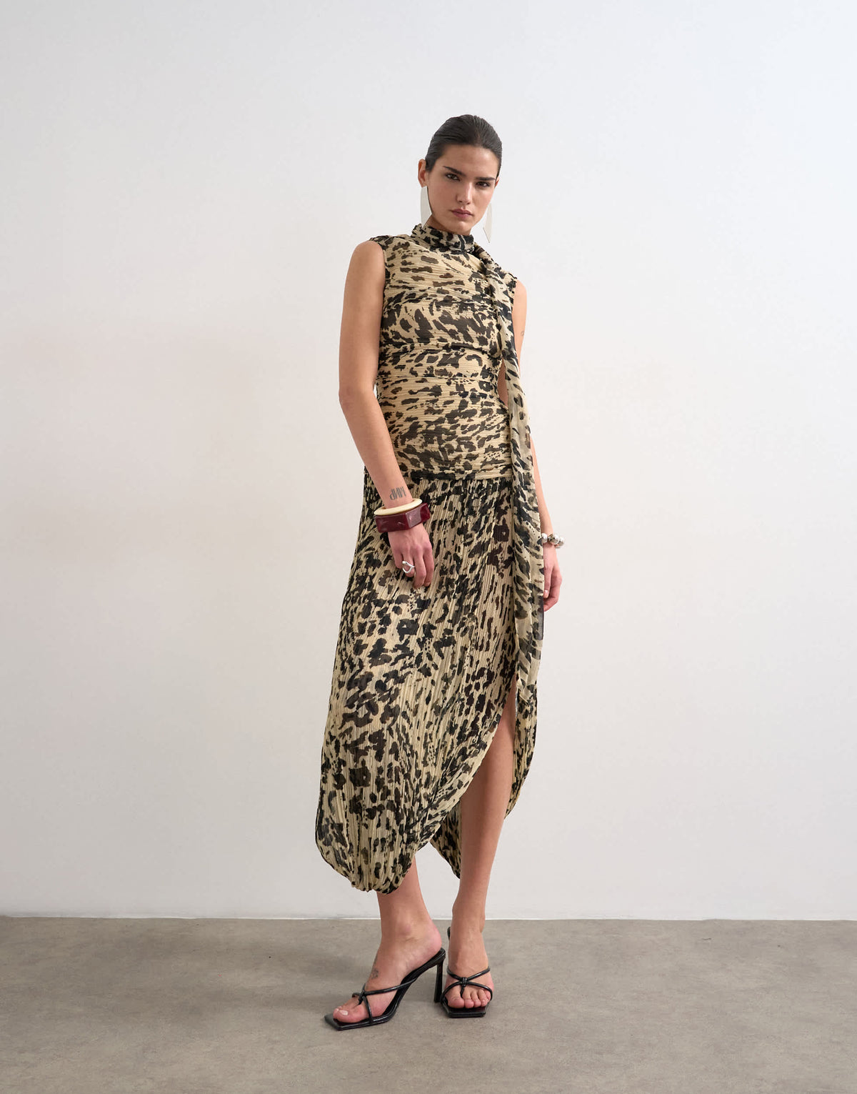 Topshop chiffon scarf neck bubble hem maxi dress in buttermilk abstract animal print