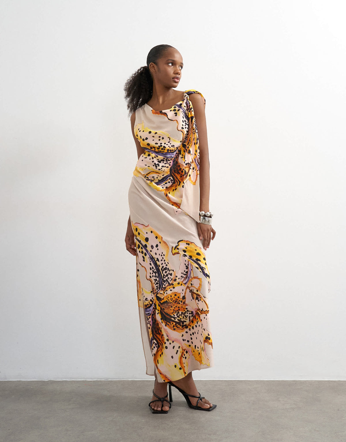 Topshop tie neck drape maxi dress in orchid print