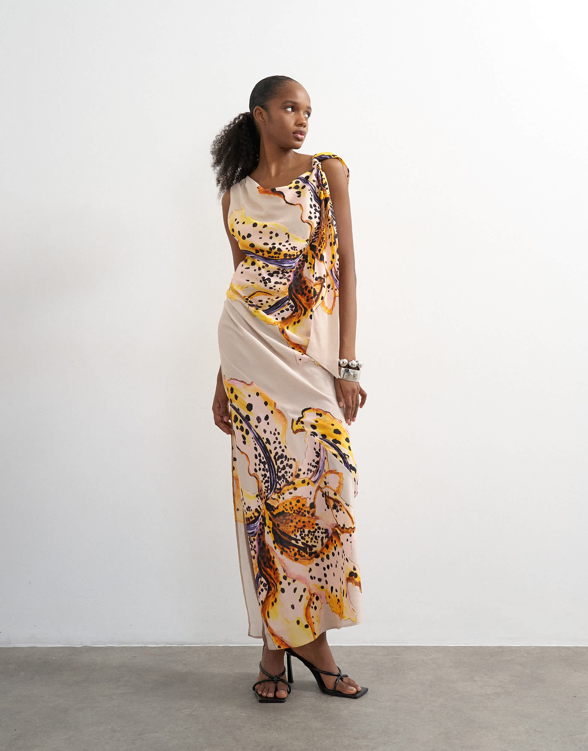 Topshop tie neck drape maxi dress in orchid print
