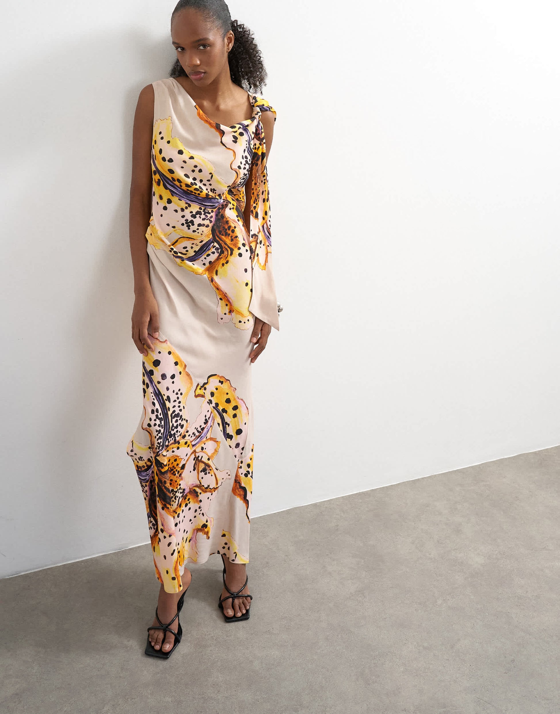 Topshop tie neck drape maxi dress in orchid print