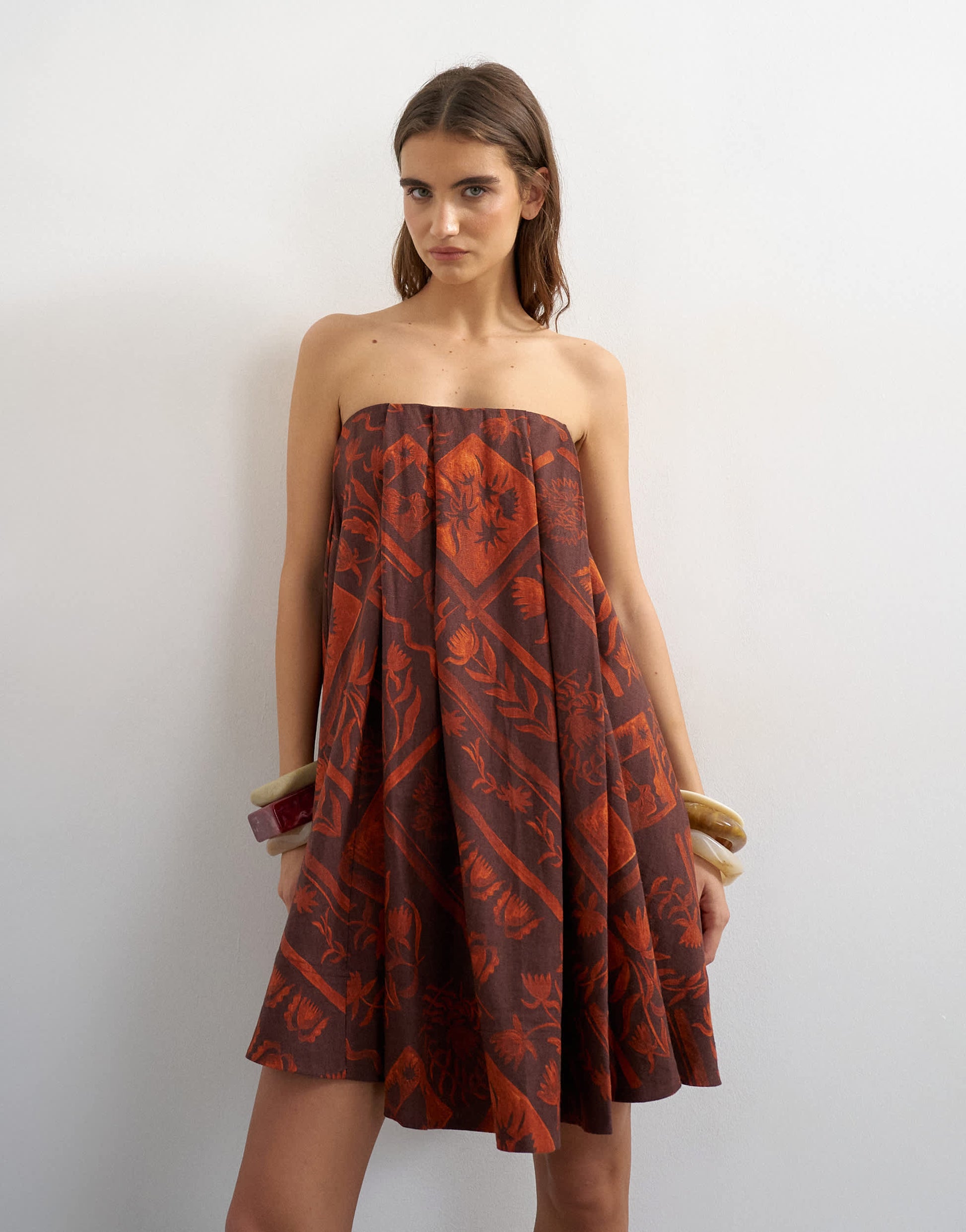 Topshop linen rich full trapeze bandeau mini dress in rust boutique scarf print