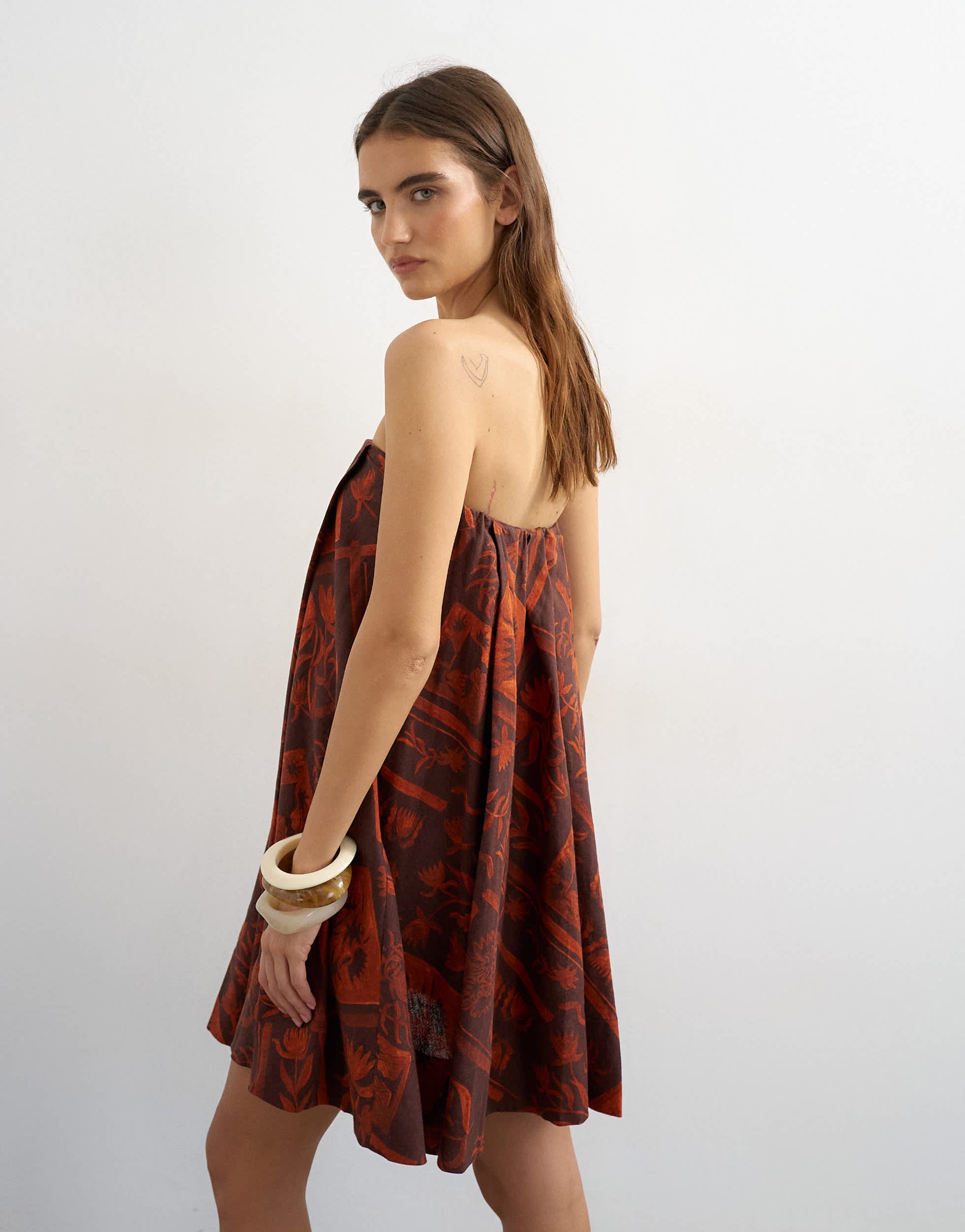 Topshop linen rich full trapeze bandeau mini dress in rust boutique scarf print