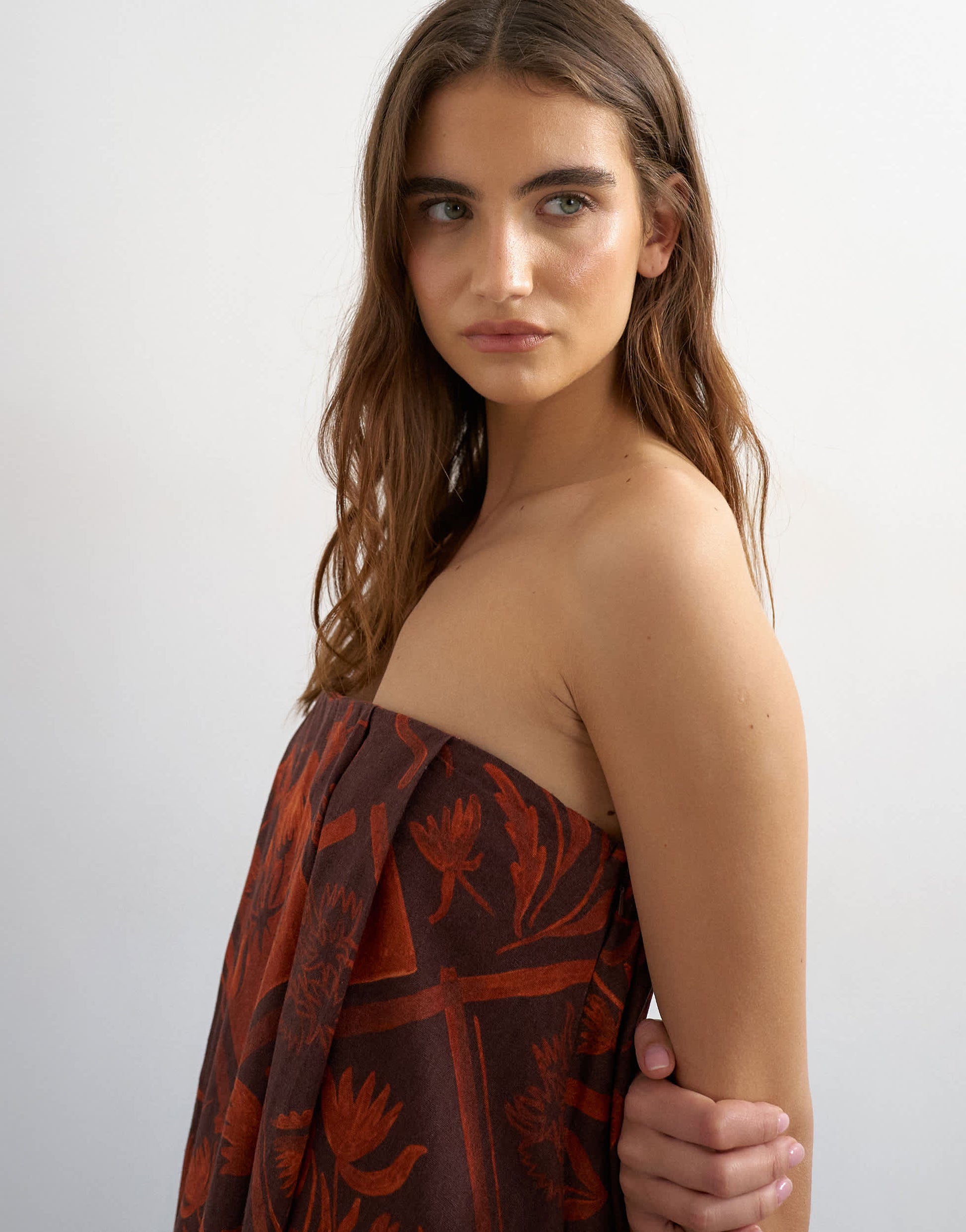 Topshop linen rich full trapeze bandeau mini dress in rust boutique scarf print