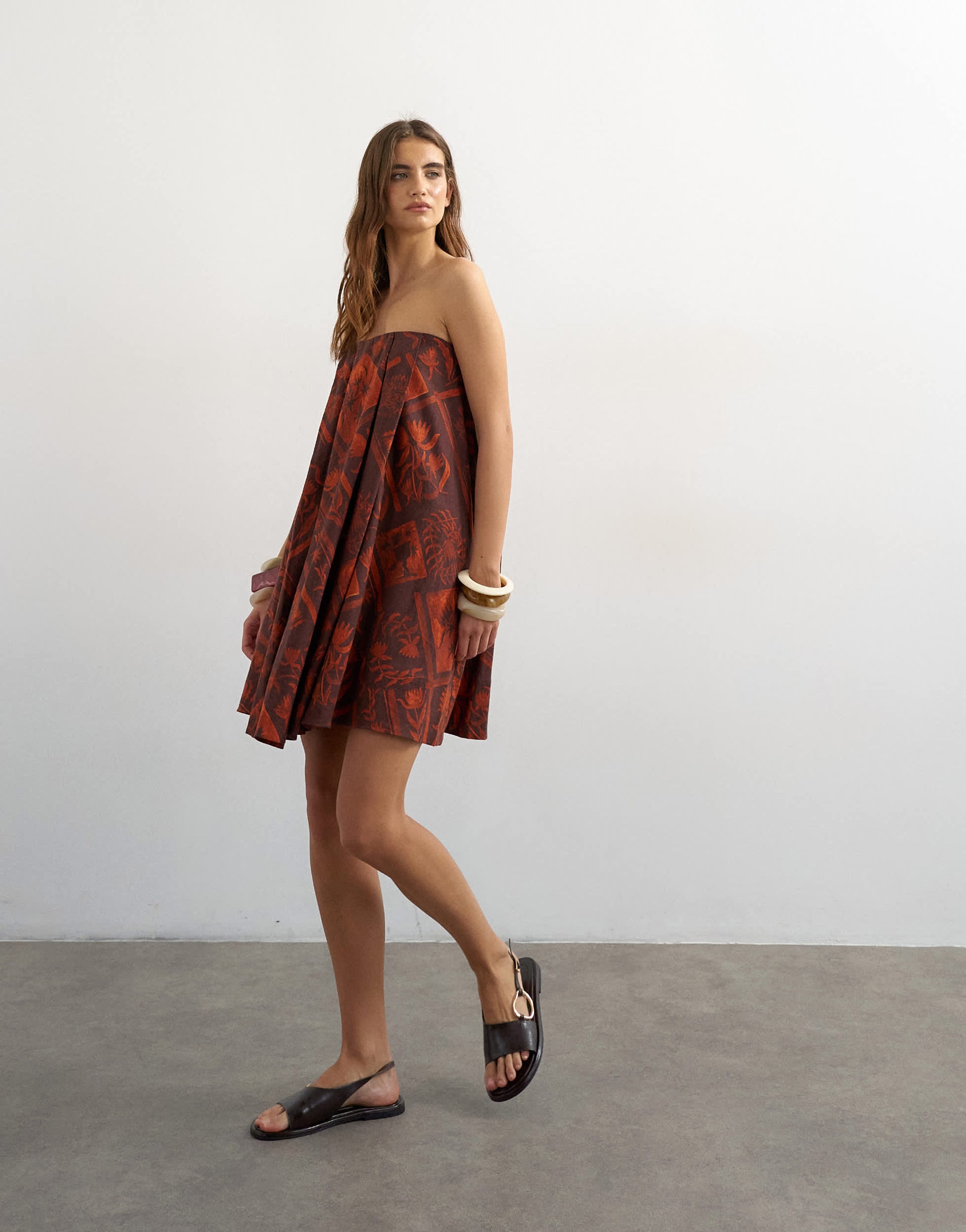 Topshop linen rich full trapeze bandeau mini dress in rust boutique scarf print