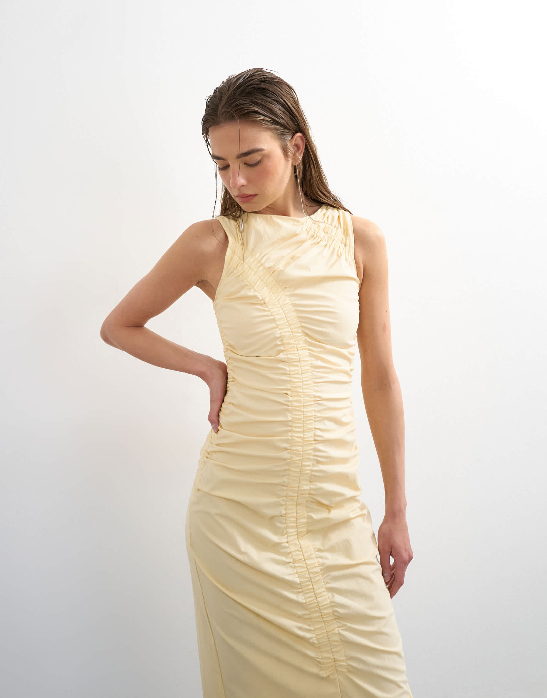 Topshop ruched sleeveless midi dress in buttermilk