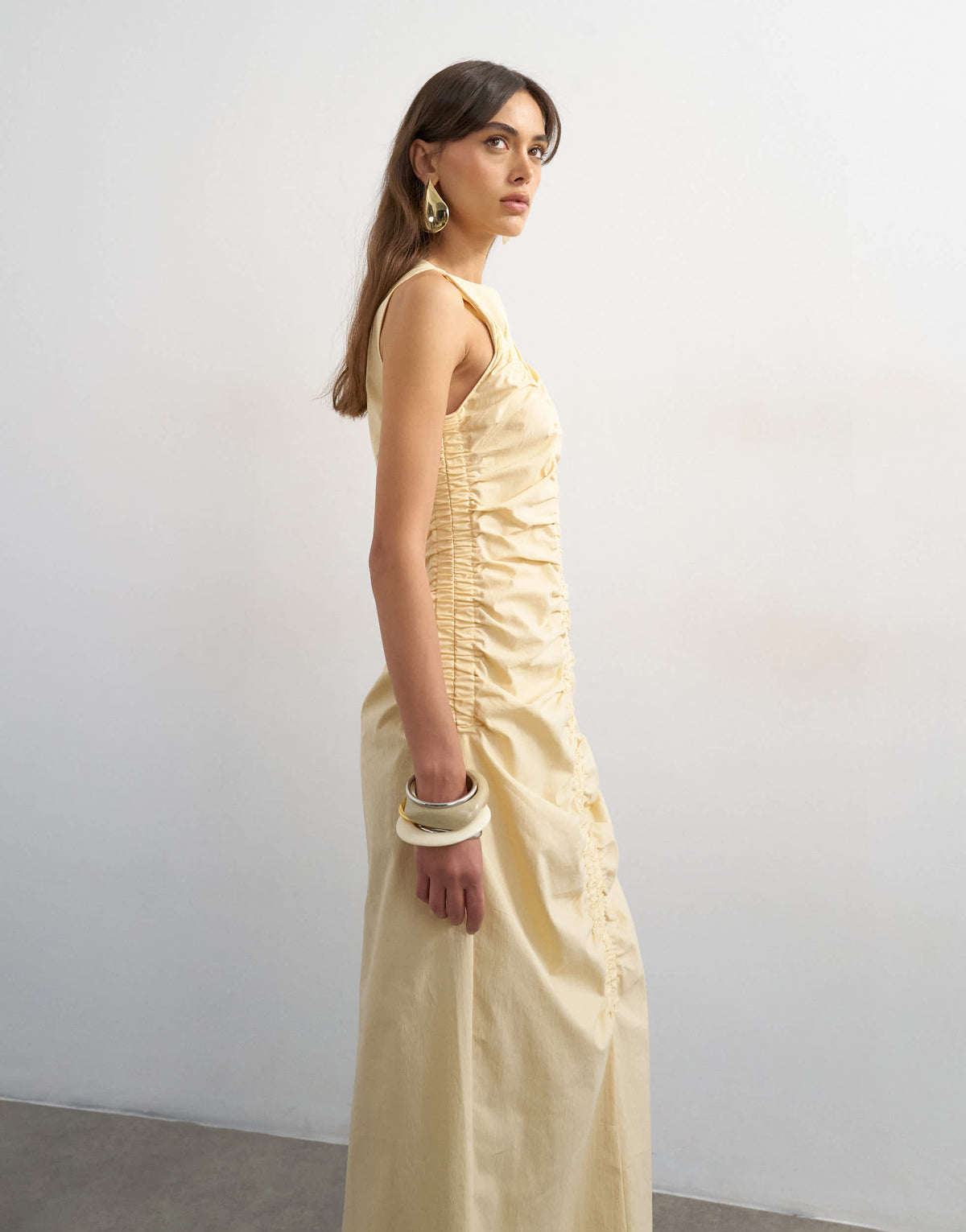 Topshop ruched sleeveless midi dress in buttermilk