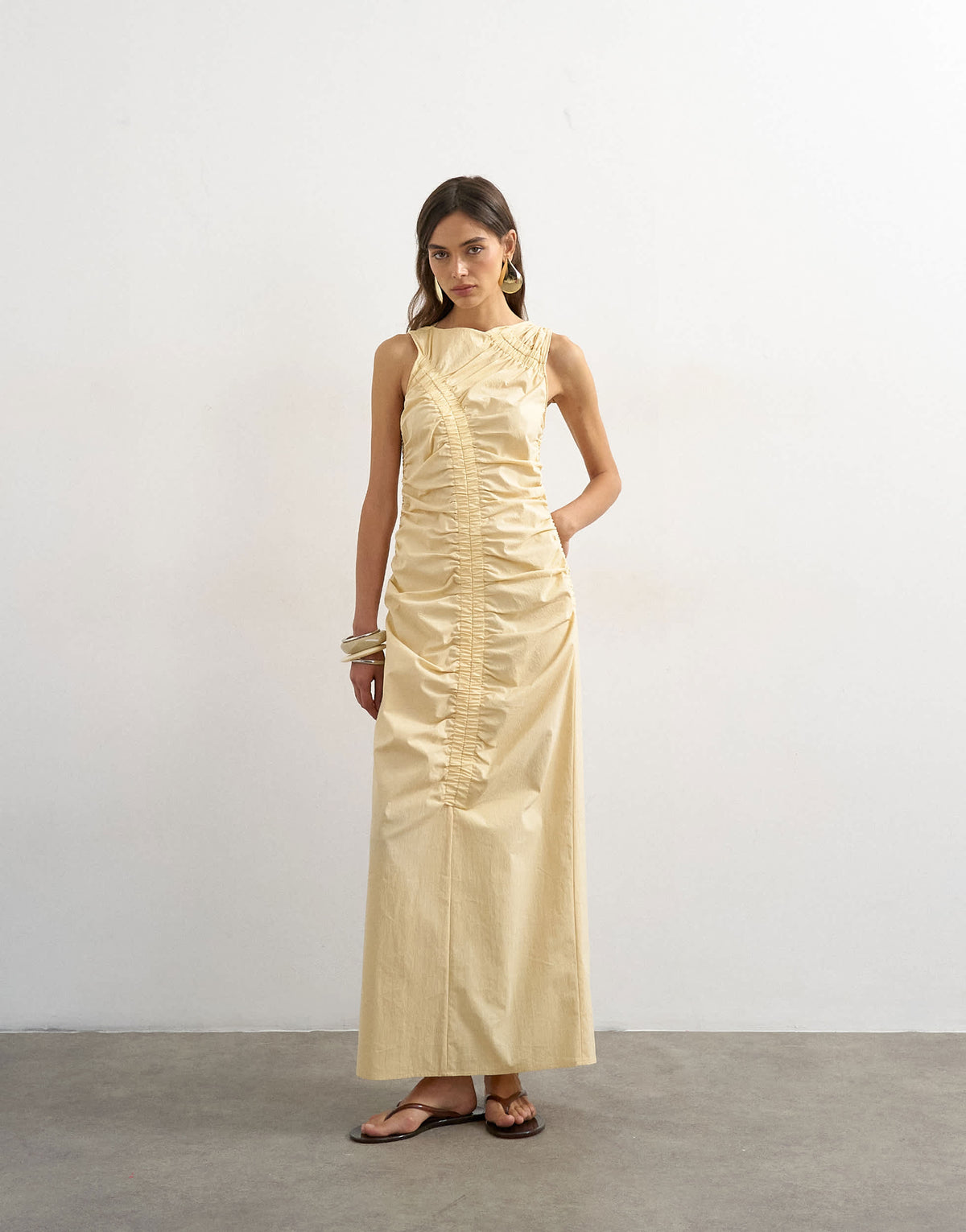 Topshop ruched sleeveless midi dress in buttermilk