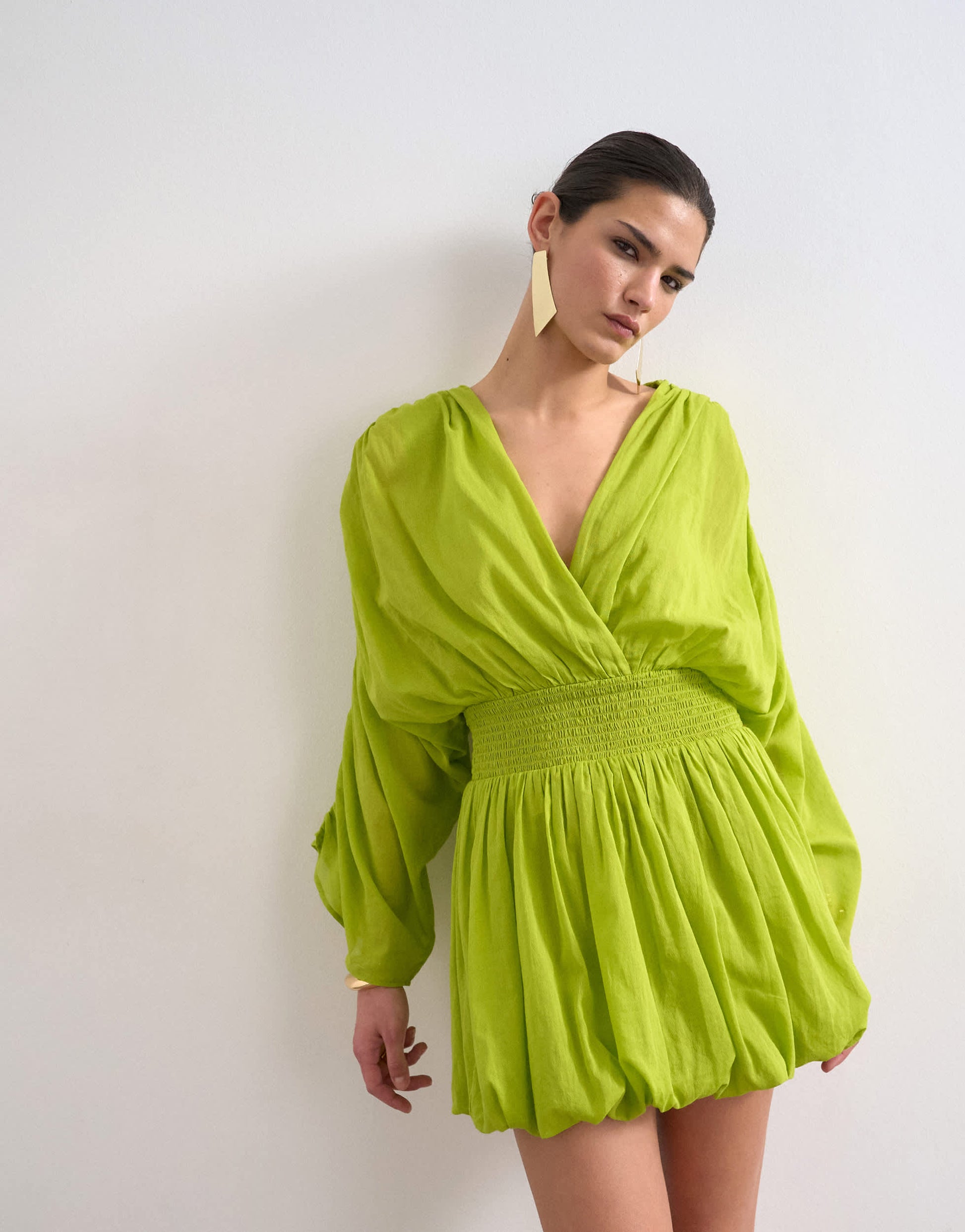 Topshop cotton long sleeved deep plunge bubble hem mini dress in lime