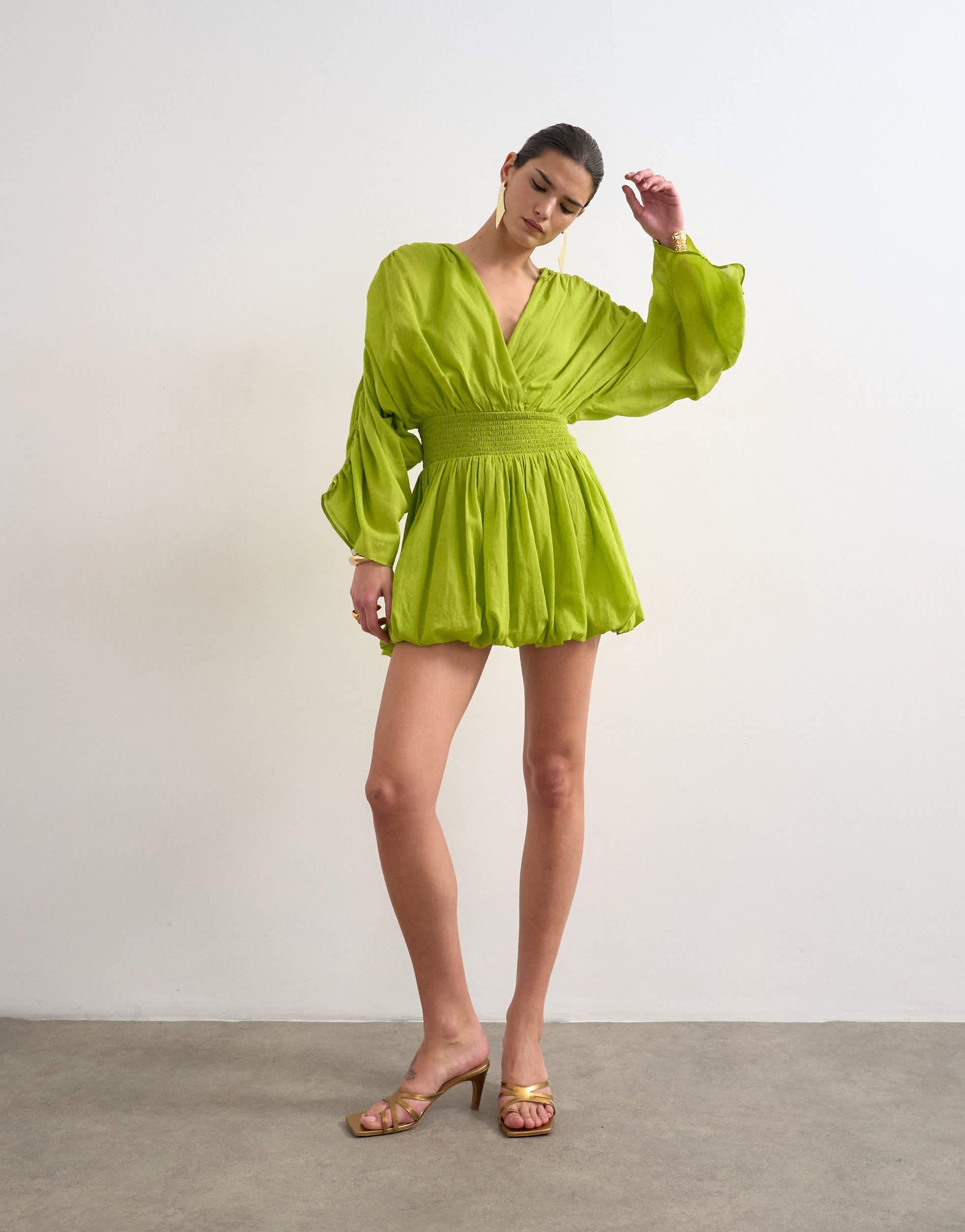 Topshop cotton long sleeved deep plunge bubble hem mini dress in lime