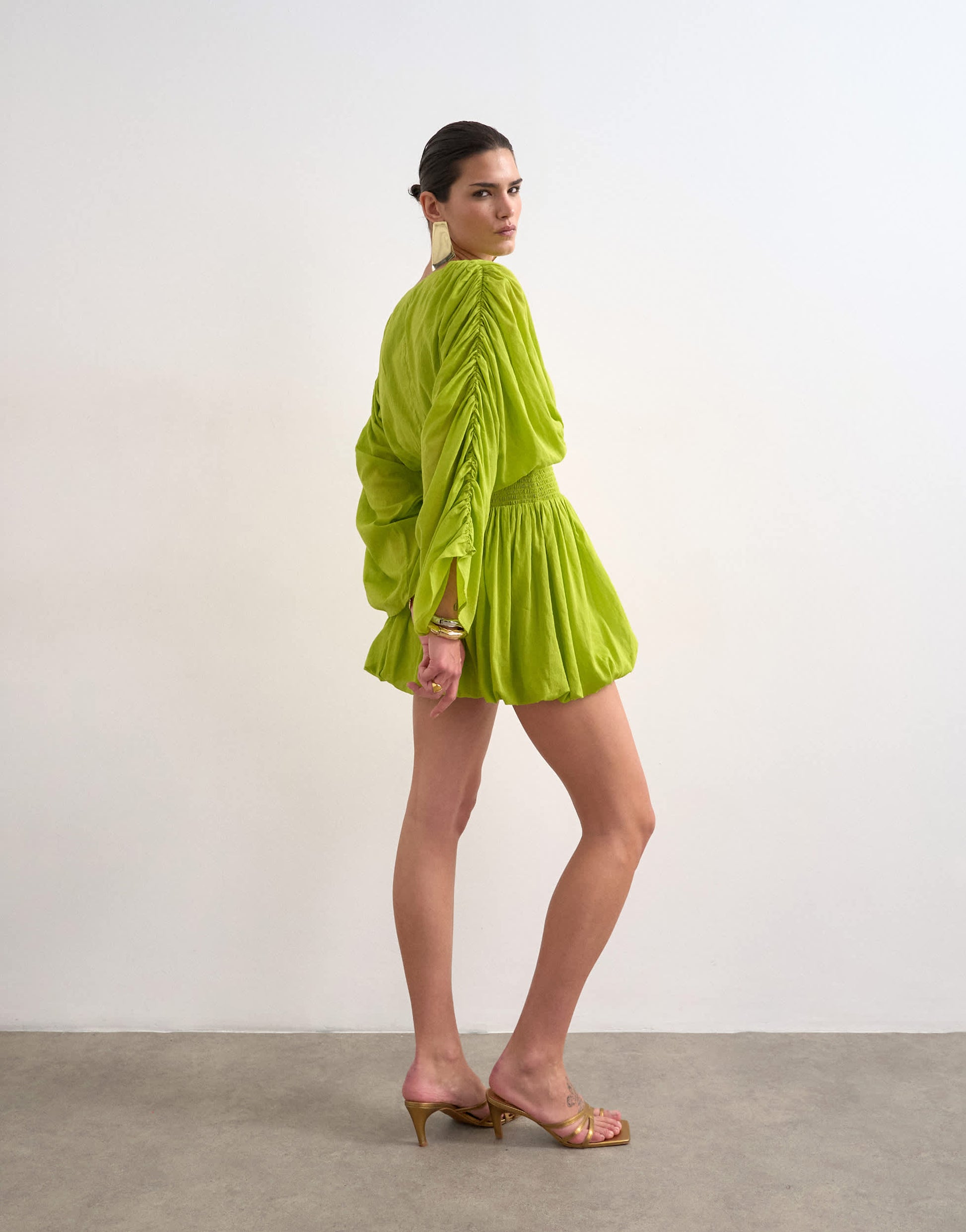 Topshop cotton long sleeved deep plunge bubble hem mini dress in lime