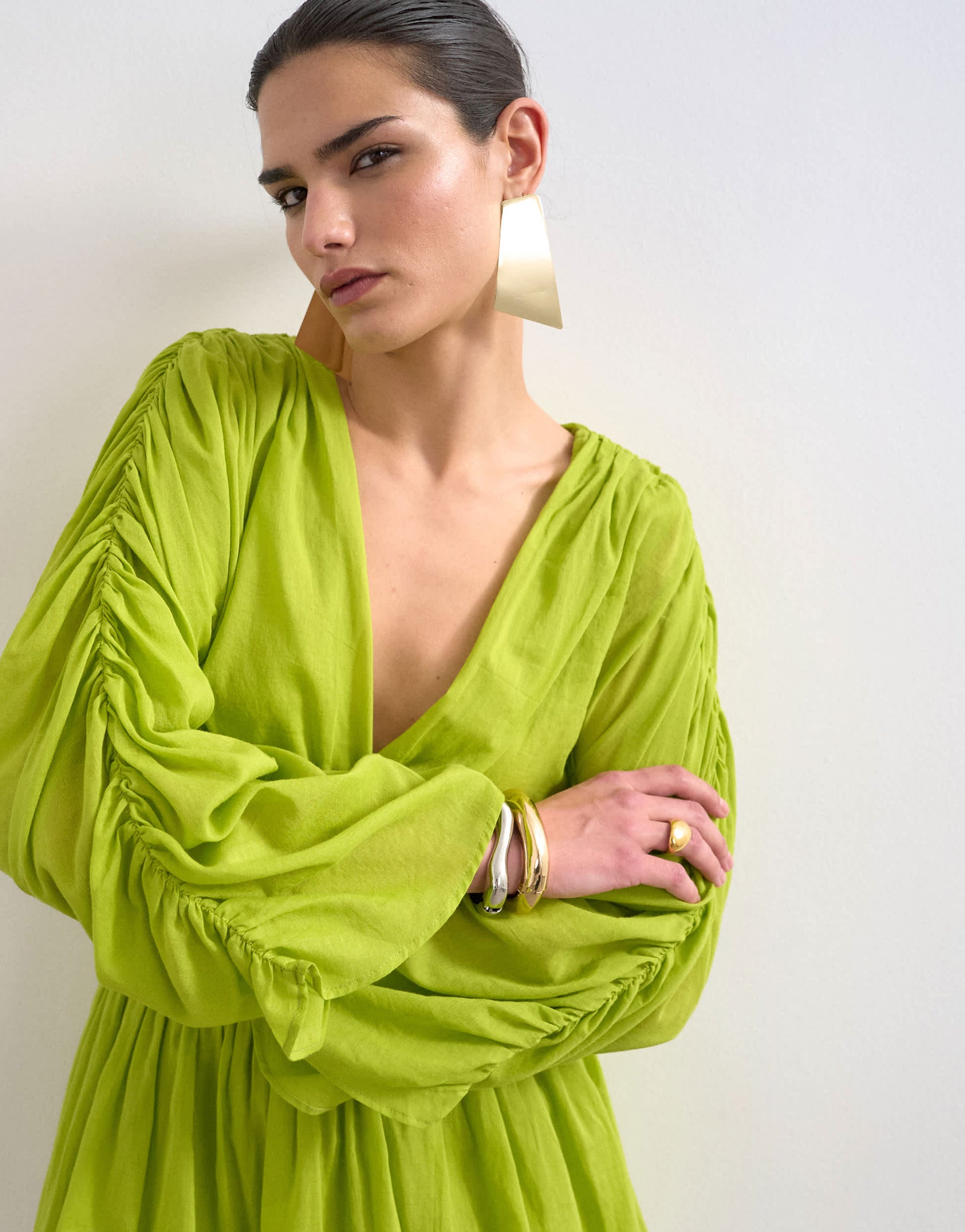 Topshop cotton long sleeved deep plunge bubble hem mini dress in lime