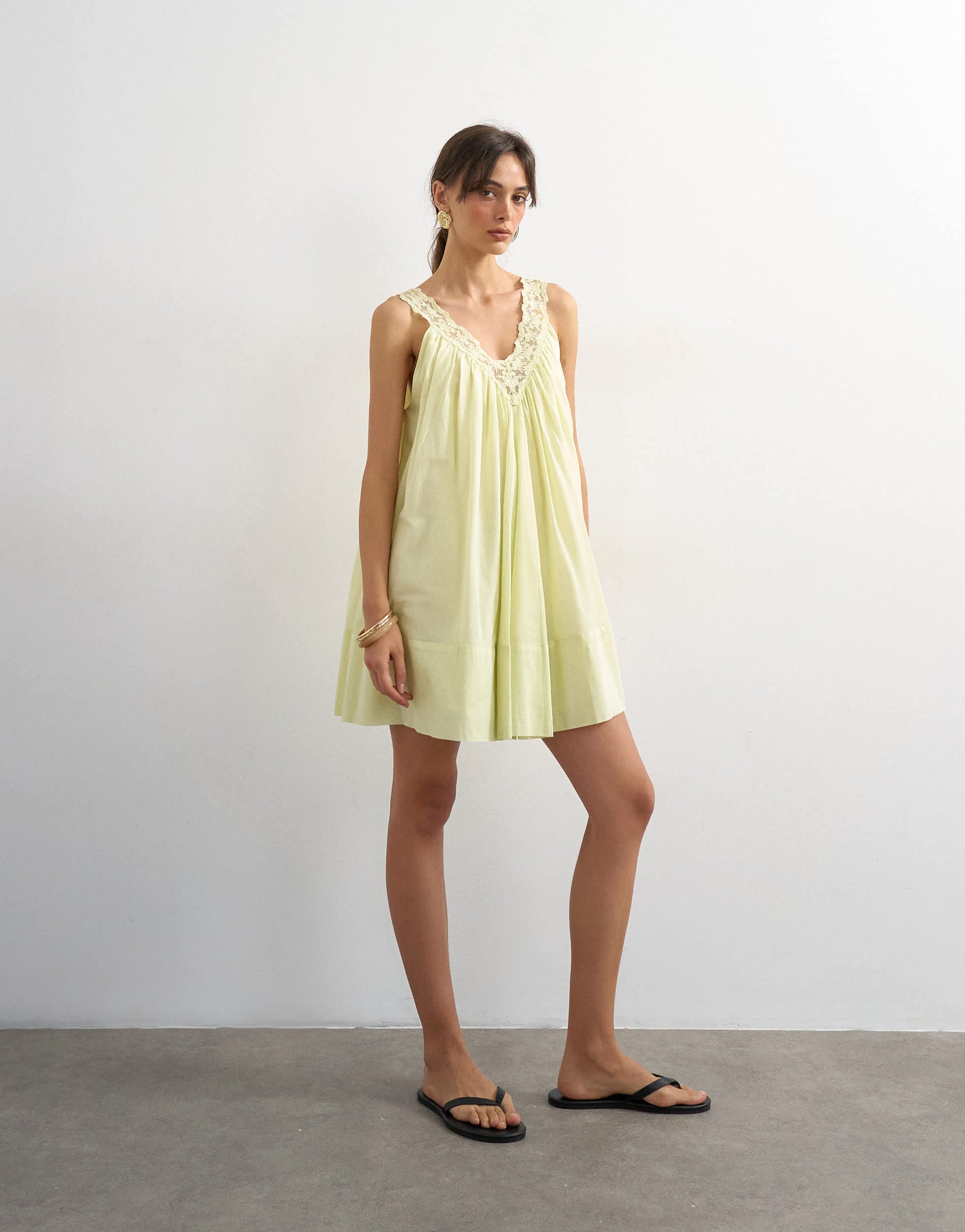 Topshop cotton deep v lace trapeze mini dress in washed lime