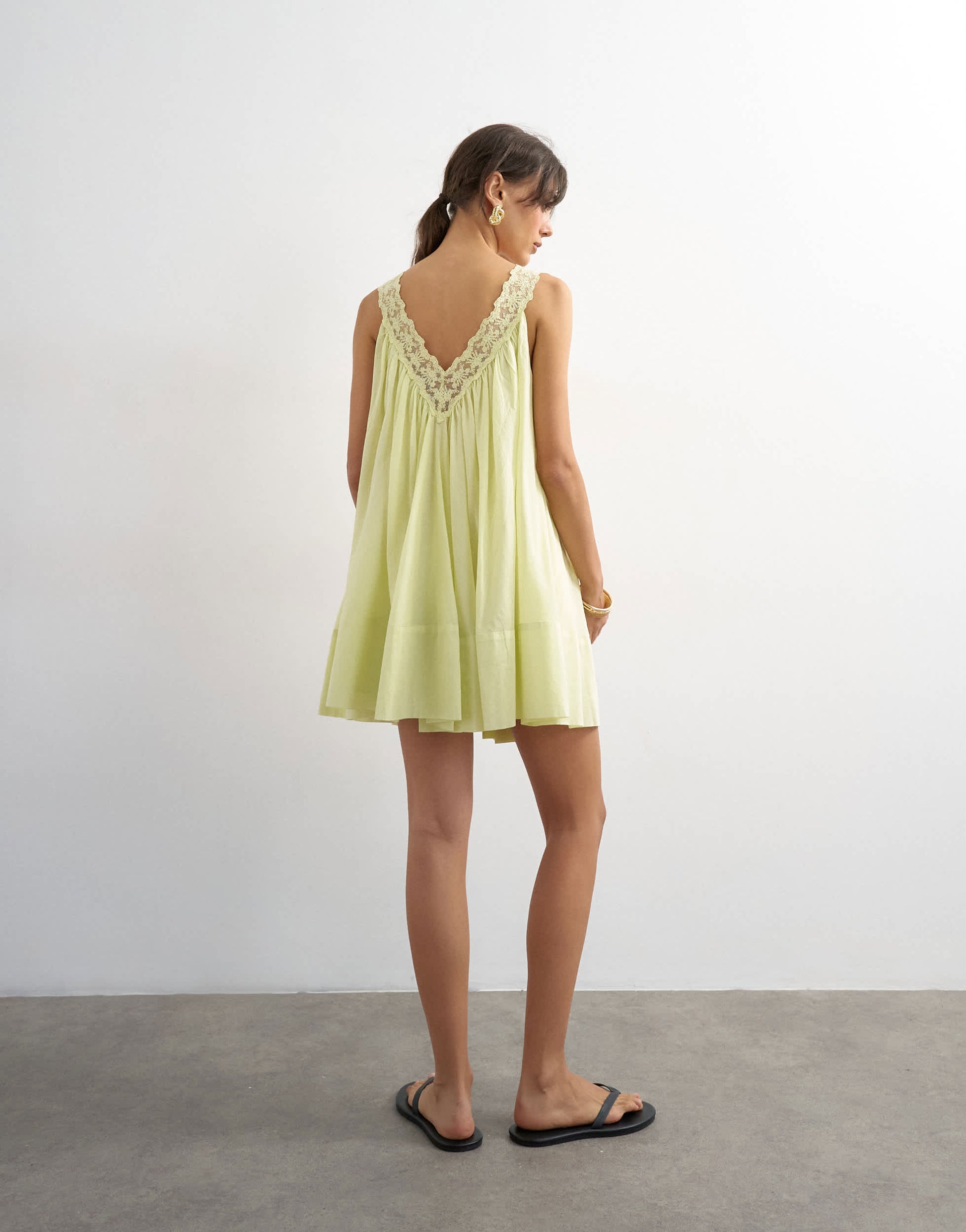Topshop cotton deep v lace trapeze mini dress in washed lime