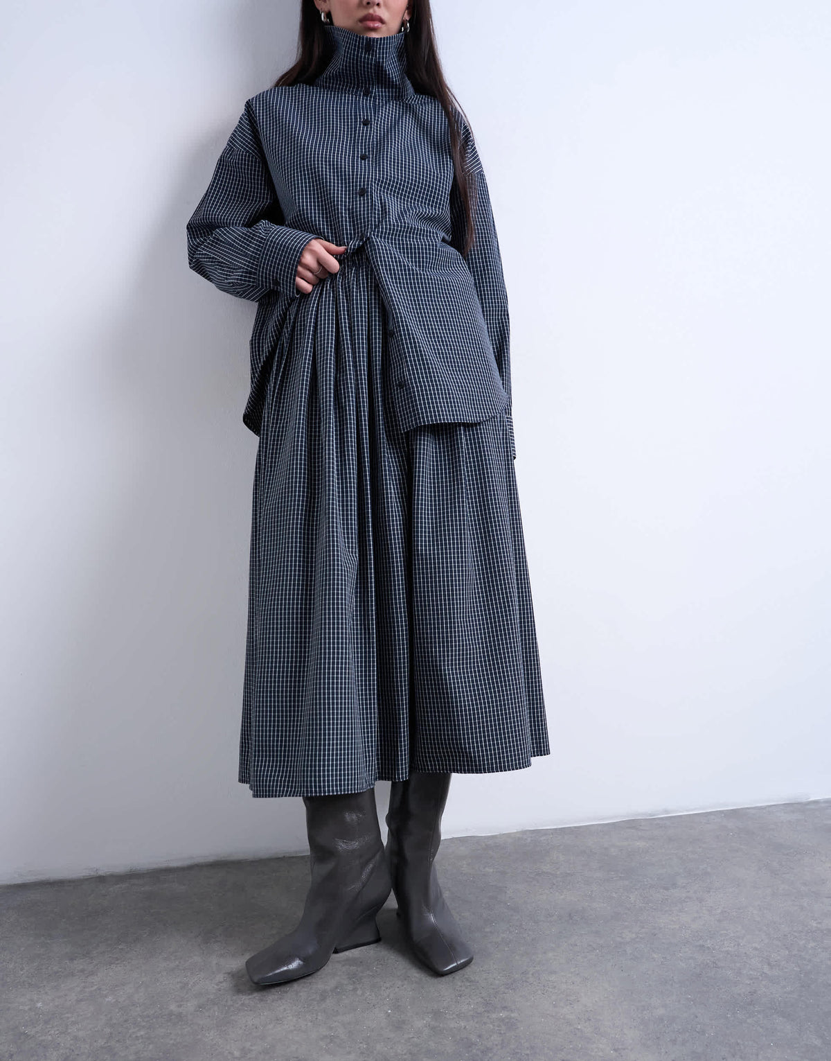 Topshop gathered waist check midi skirt in navy