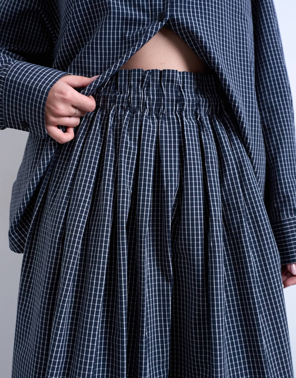 Topshop gathered waist check midi skirt in navy
