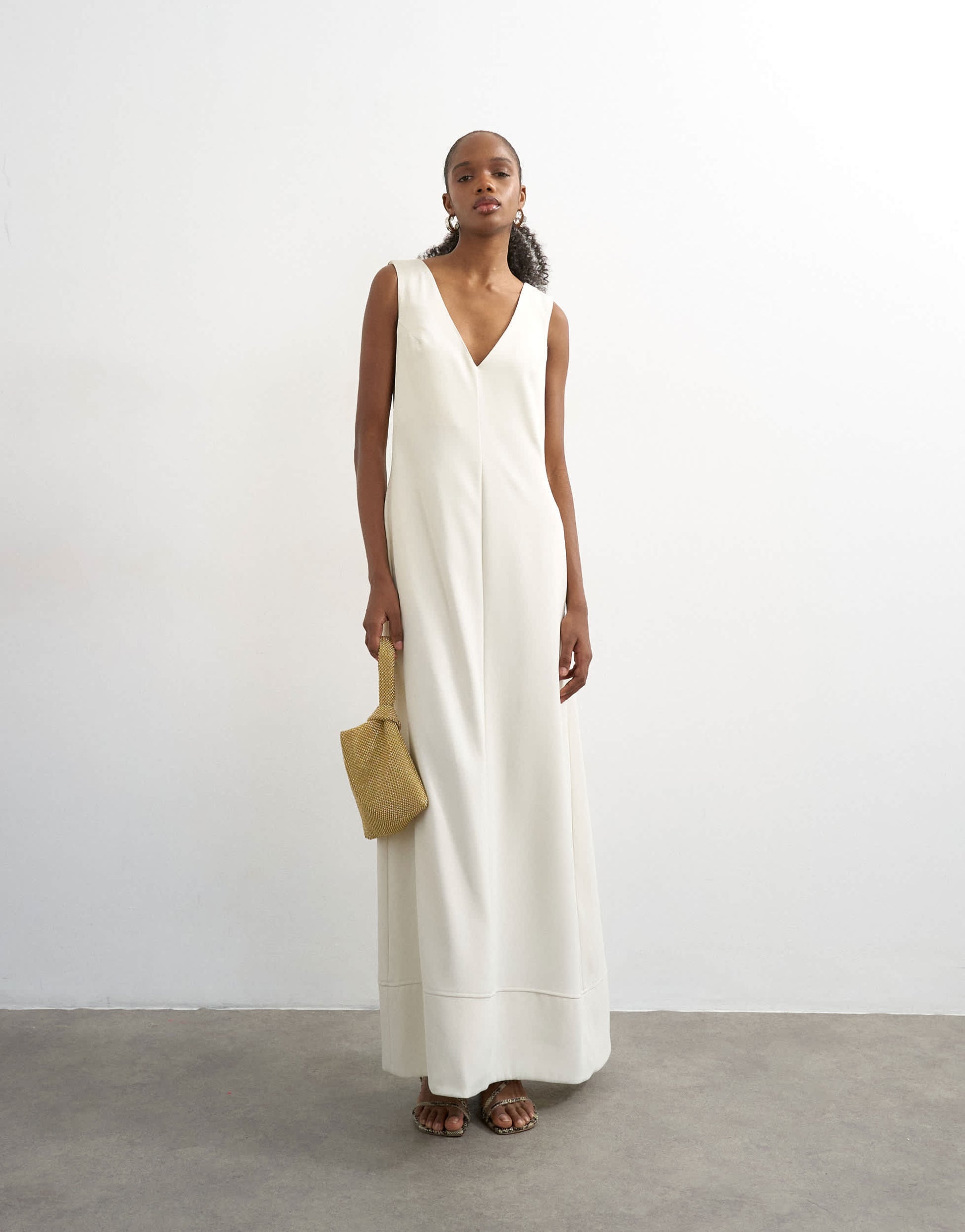 Topshop v neck low armhole clean maxi dress with deep hem in off white