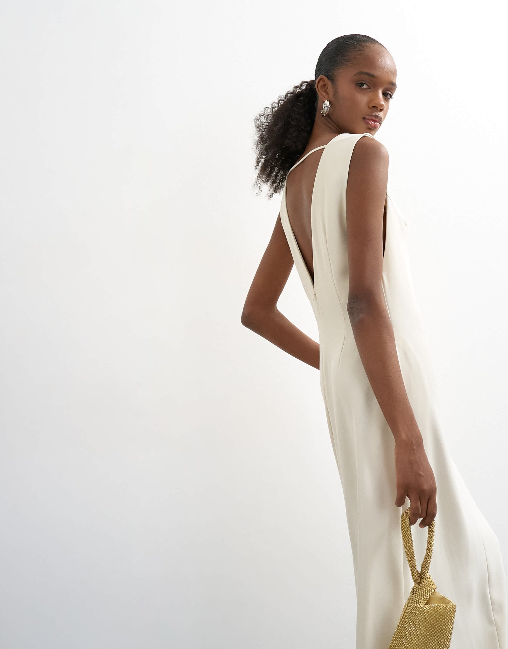 Topshop v neck low armhole clean maxi dress with deep hem in off white