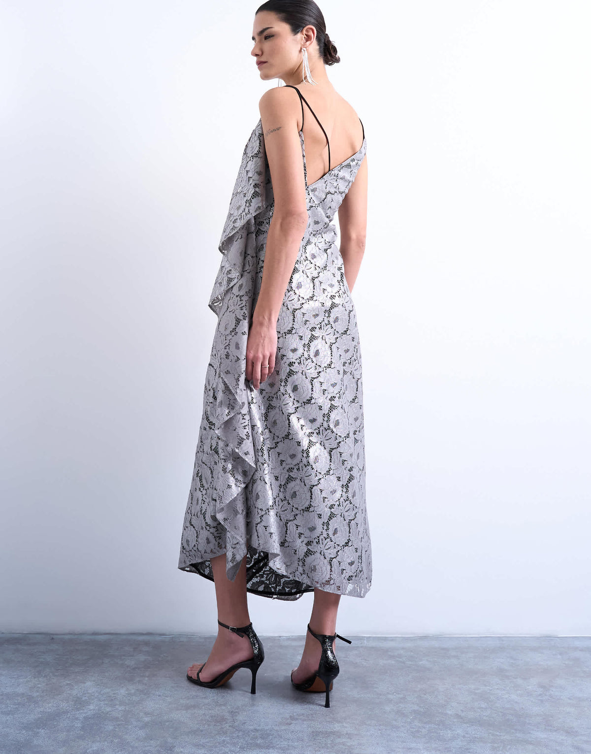Topshop heavy foiled lace maxi dress in silver