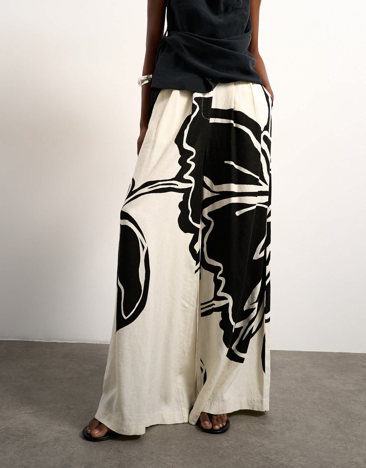 Topshop linen floral placement wide leg trouser in ecru
