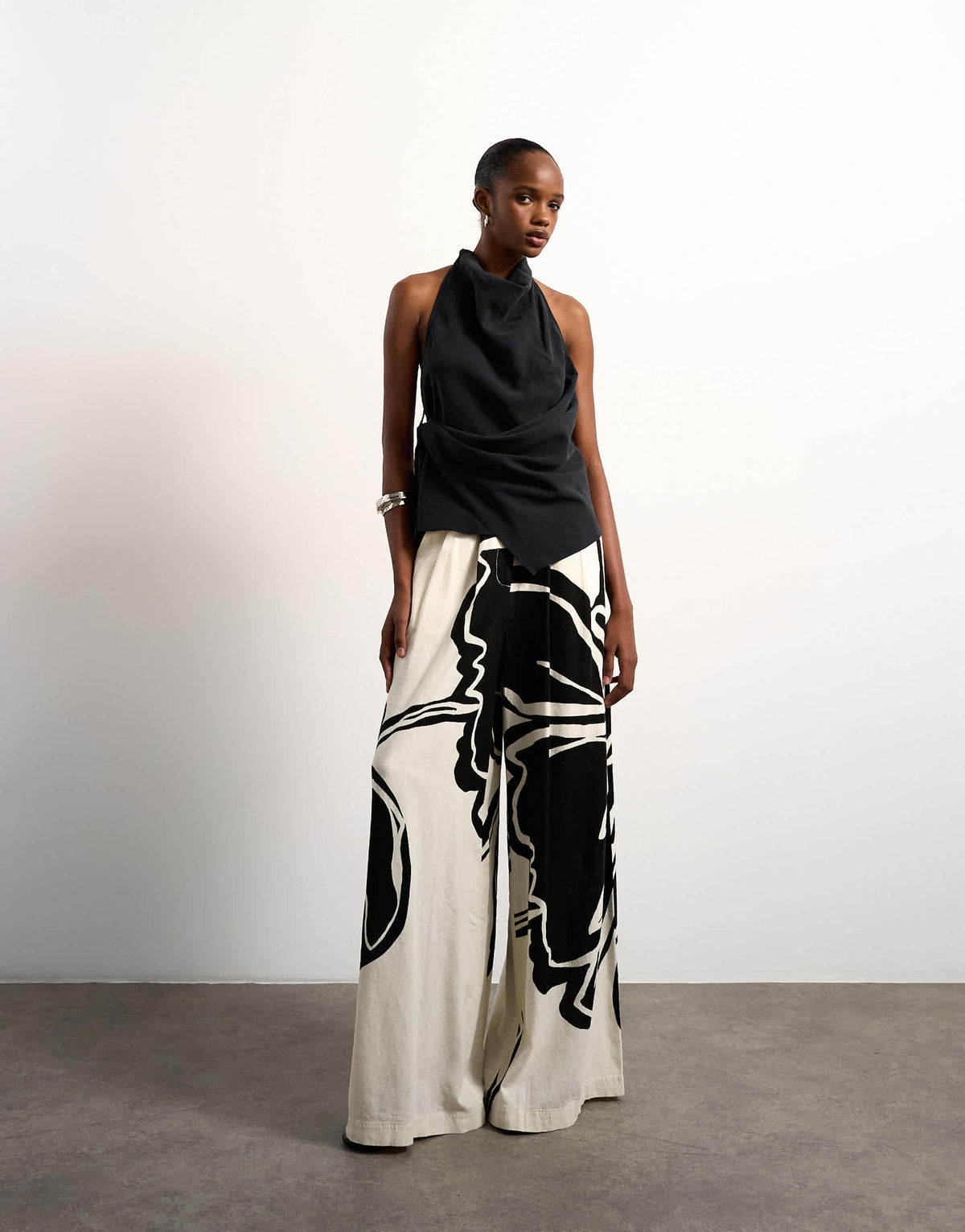 Topshop linen floral placement wide leg trouser in ecru