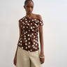 Topshop linen cinched waist asymmetric twist shoulder top in chocolate spot