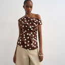 Topshop linen cinched waist asymmetric twist shoulder top in chocolate spot