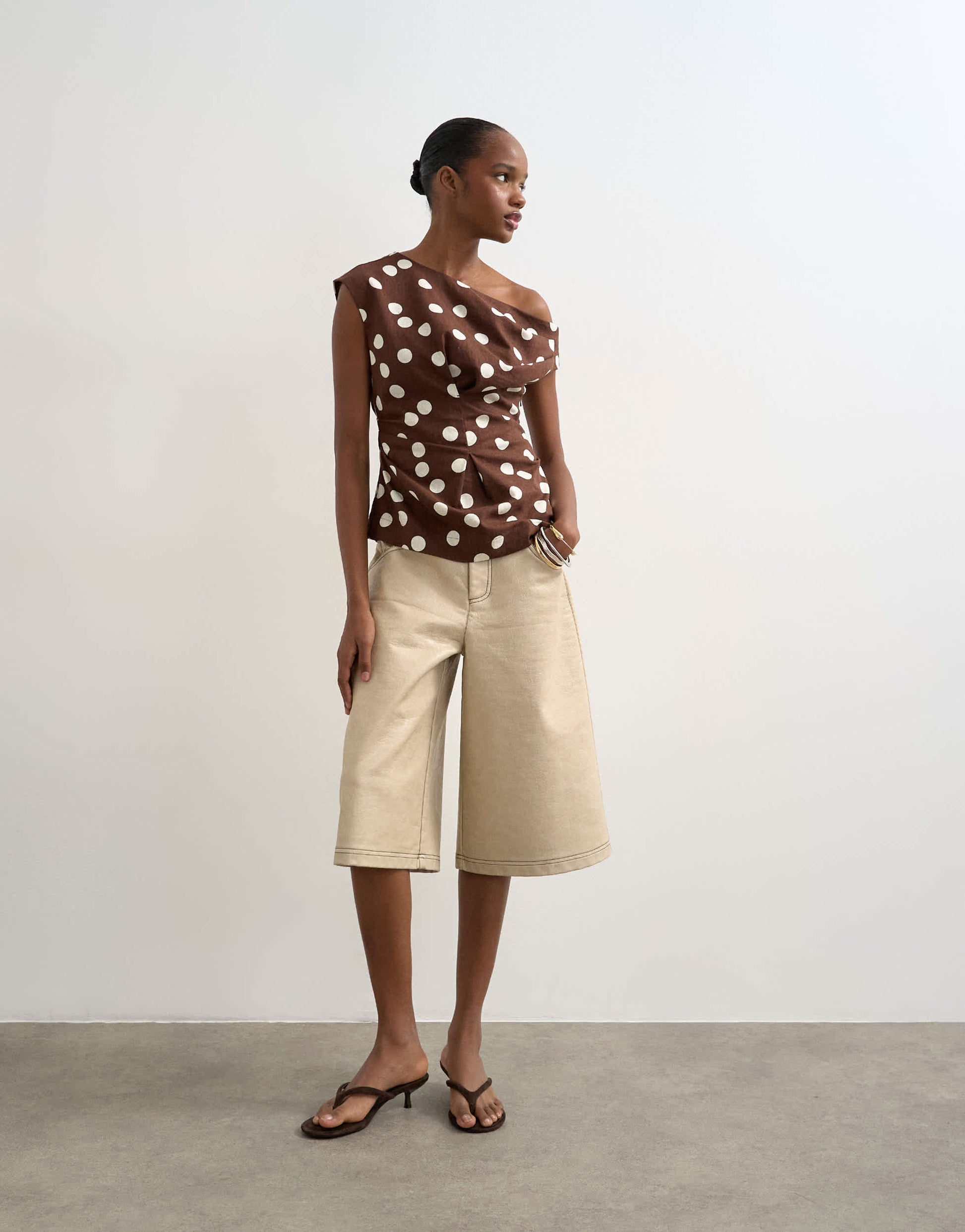 Topshop linen cinched waist asymmetric twist shoulder top in chocolate spot