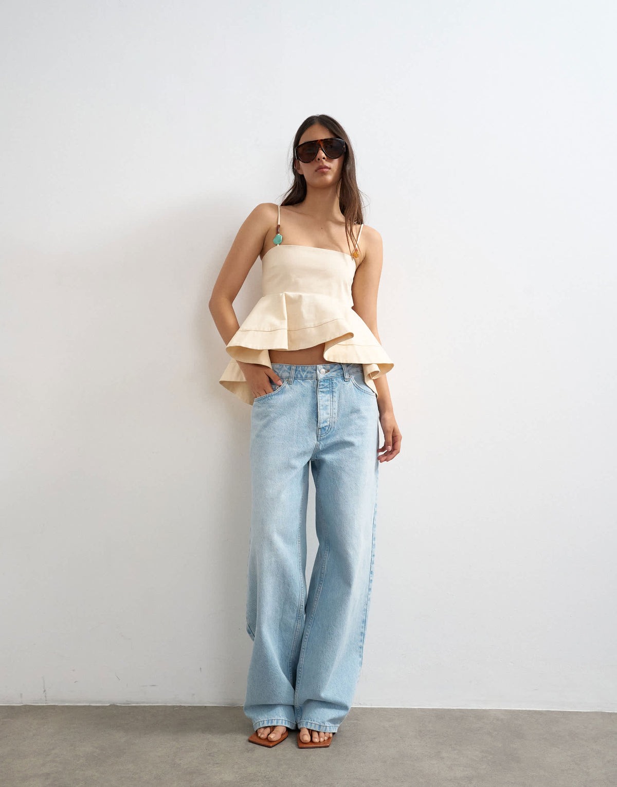 Topshop beaded strap full hem top in beige