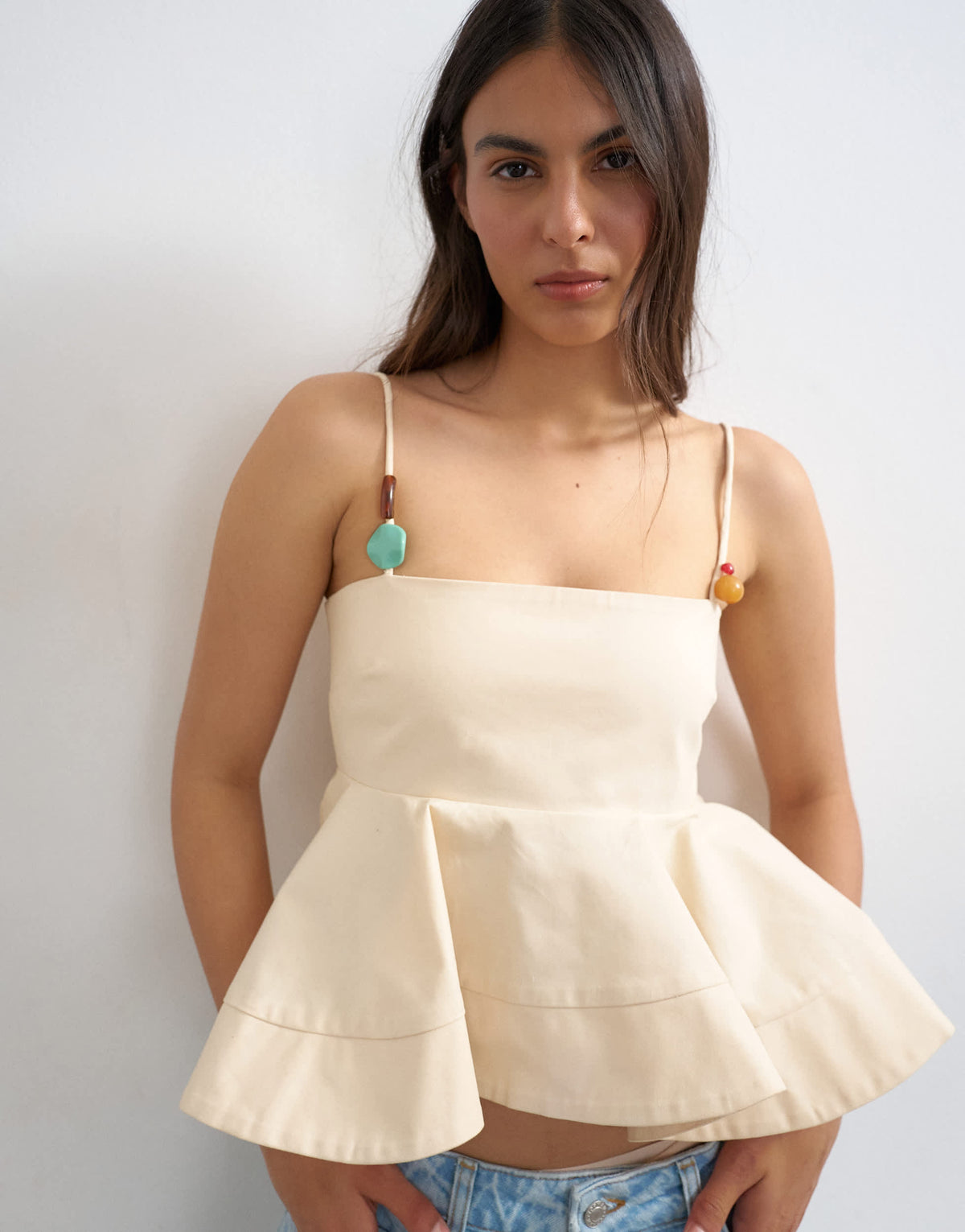 Topshop beaded strap full hem top in beige