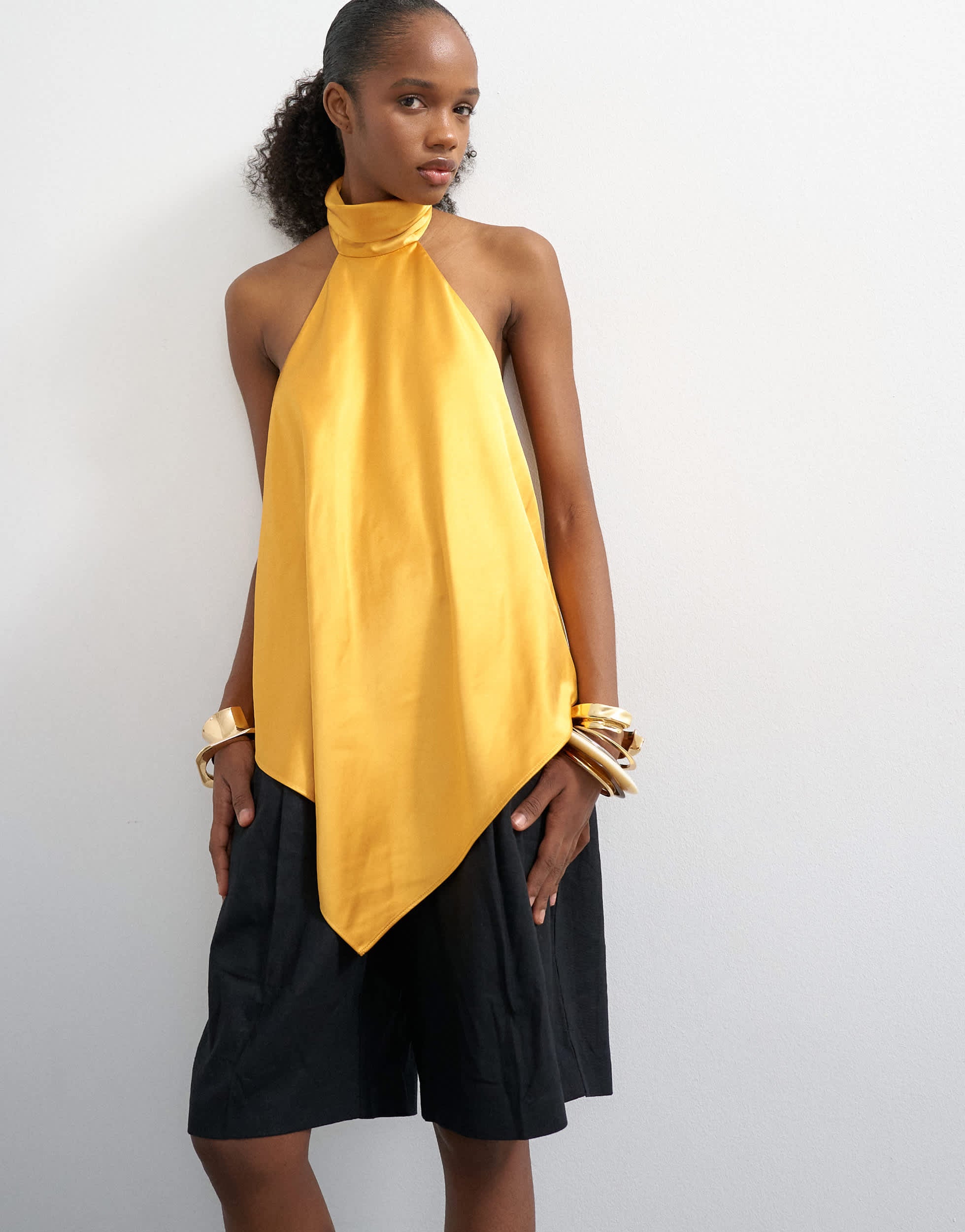Topshop backless high neck halter top in yellow