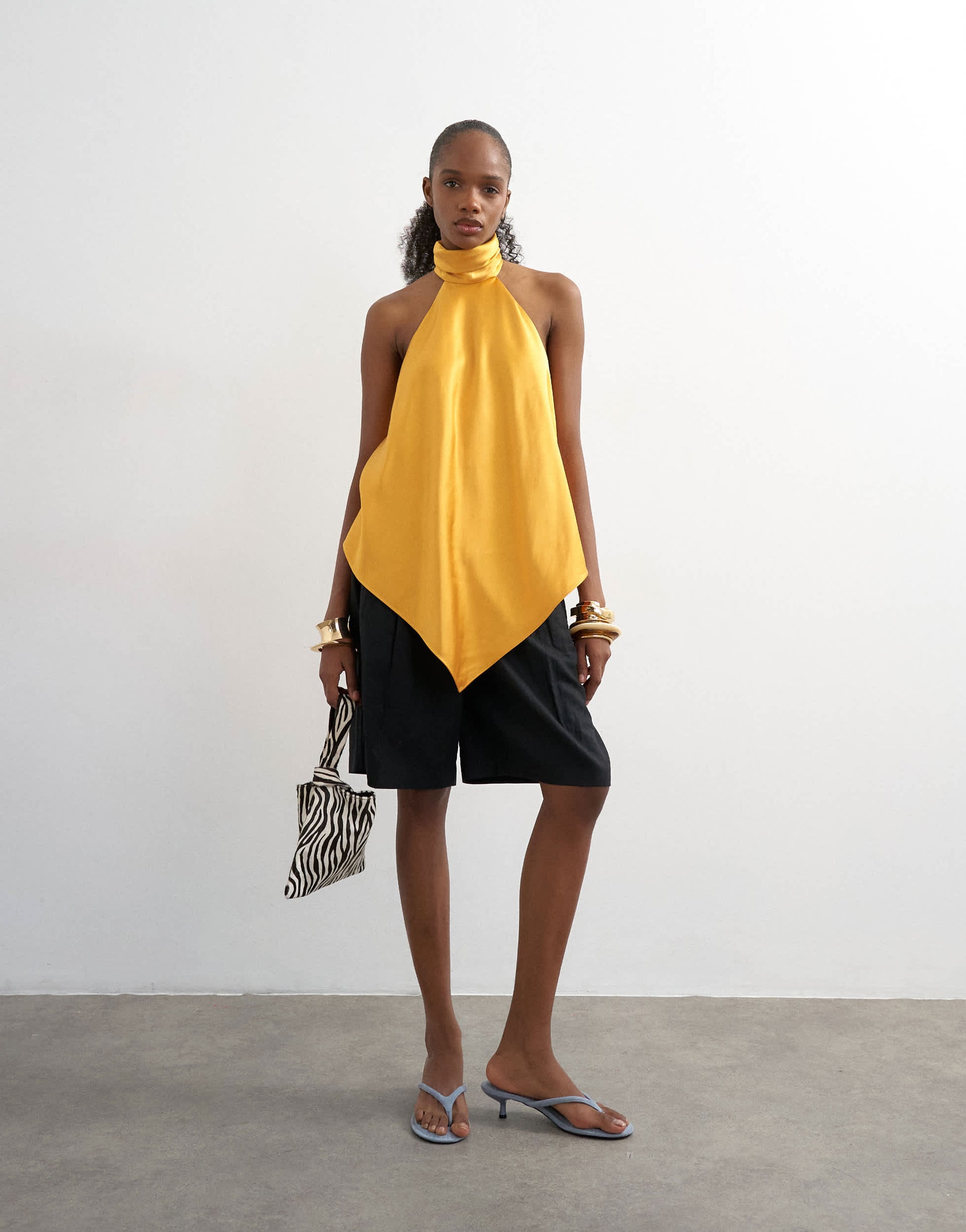 Topshop backless high neck halter top in yellow