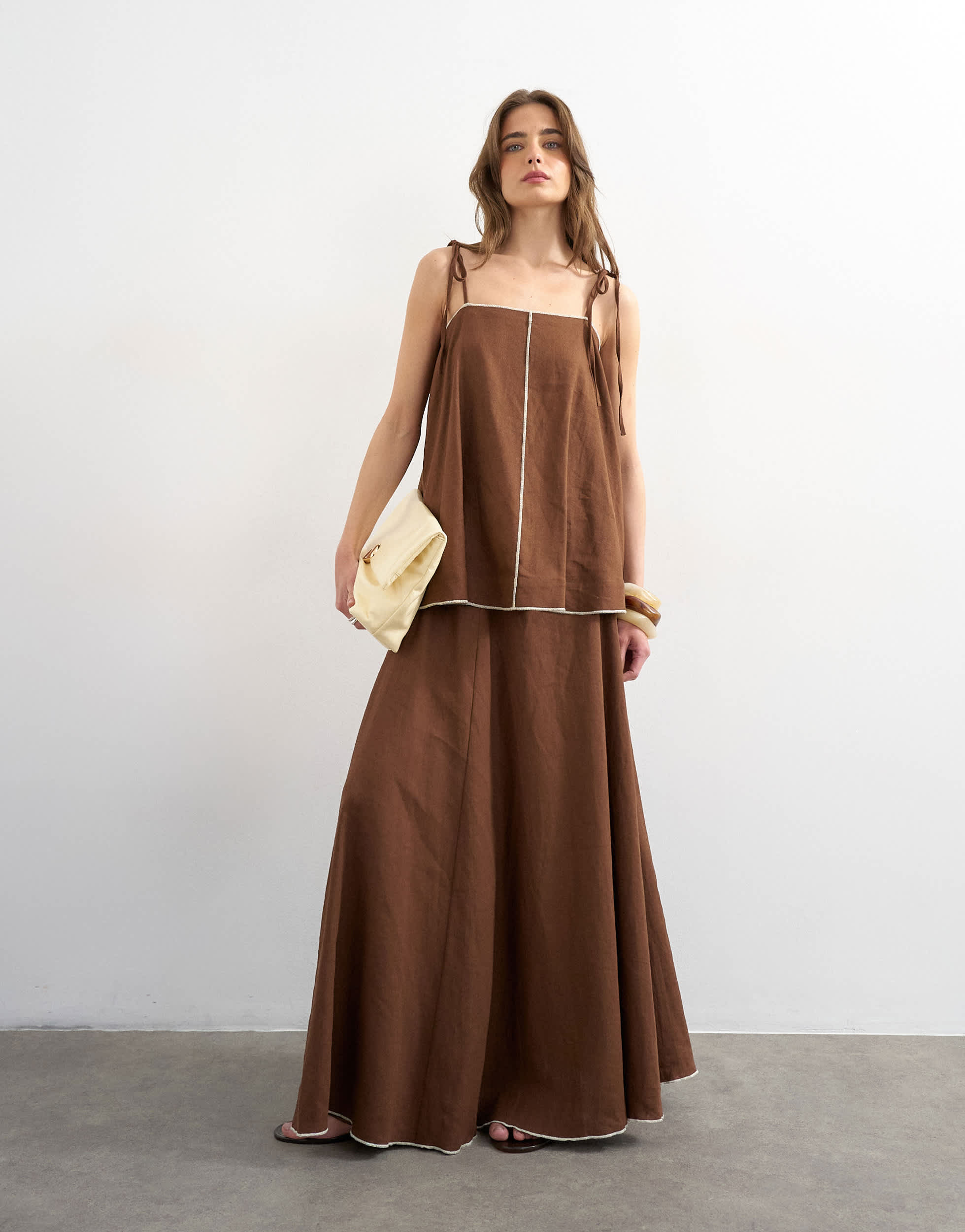 Topshop co-ord linen rich maxi skirt with contrast piping in brown